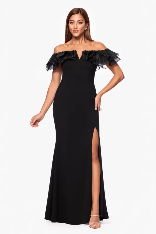 "Ashley" Scuba Crepe Off the Shoulder Organza Ruffle Floor Length Dress sold by Xscape