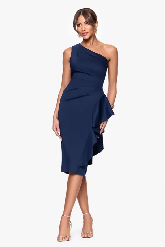 "Carrie" Techno Scuba One Shoulder Knee Length Ruffle Dress sold by Xscape