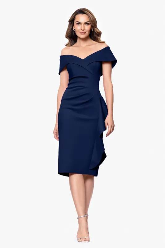 "Meryl" Techno Scuba Off the Shoulder Ruffle Knee Length Dress sold by Xscape