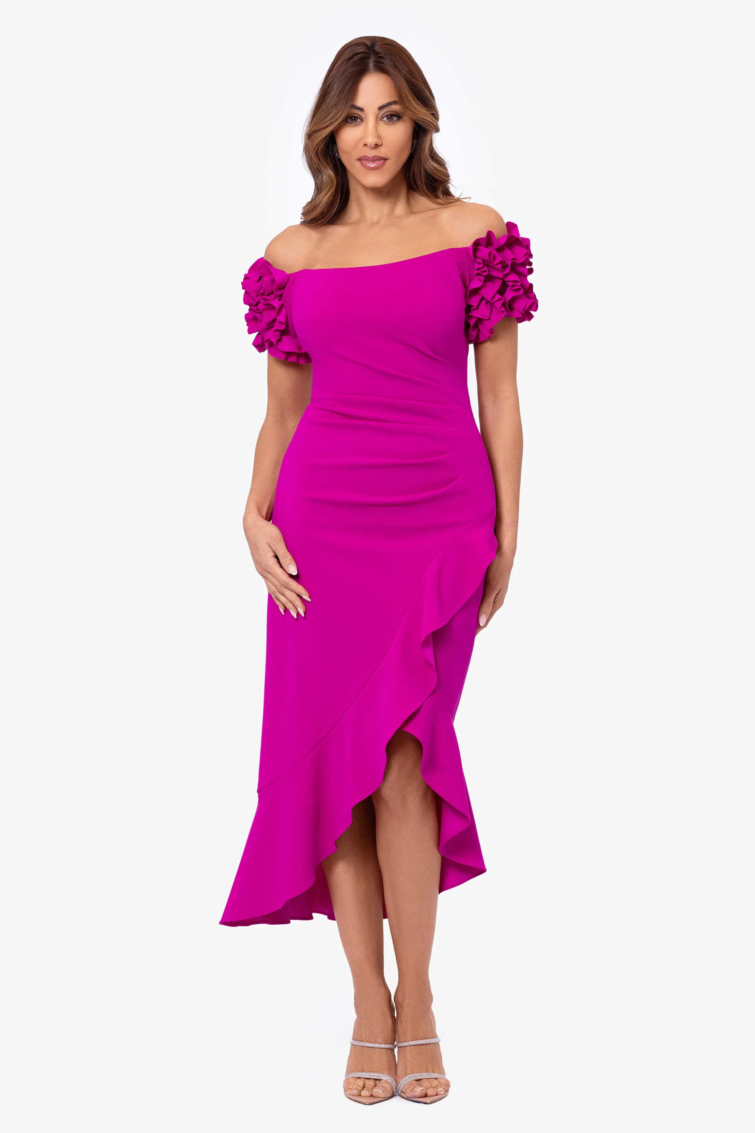 "Loretta" Scuba Crepe Off the Shoulder Ruffle Sleeve Midi Dress sold by Xscape