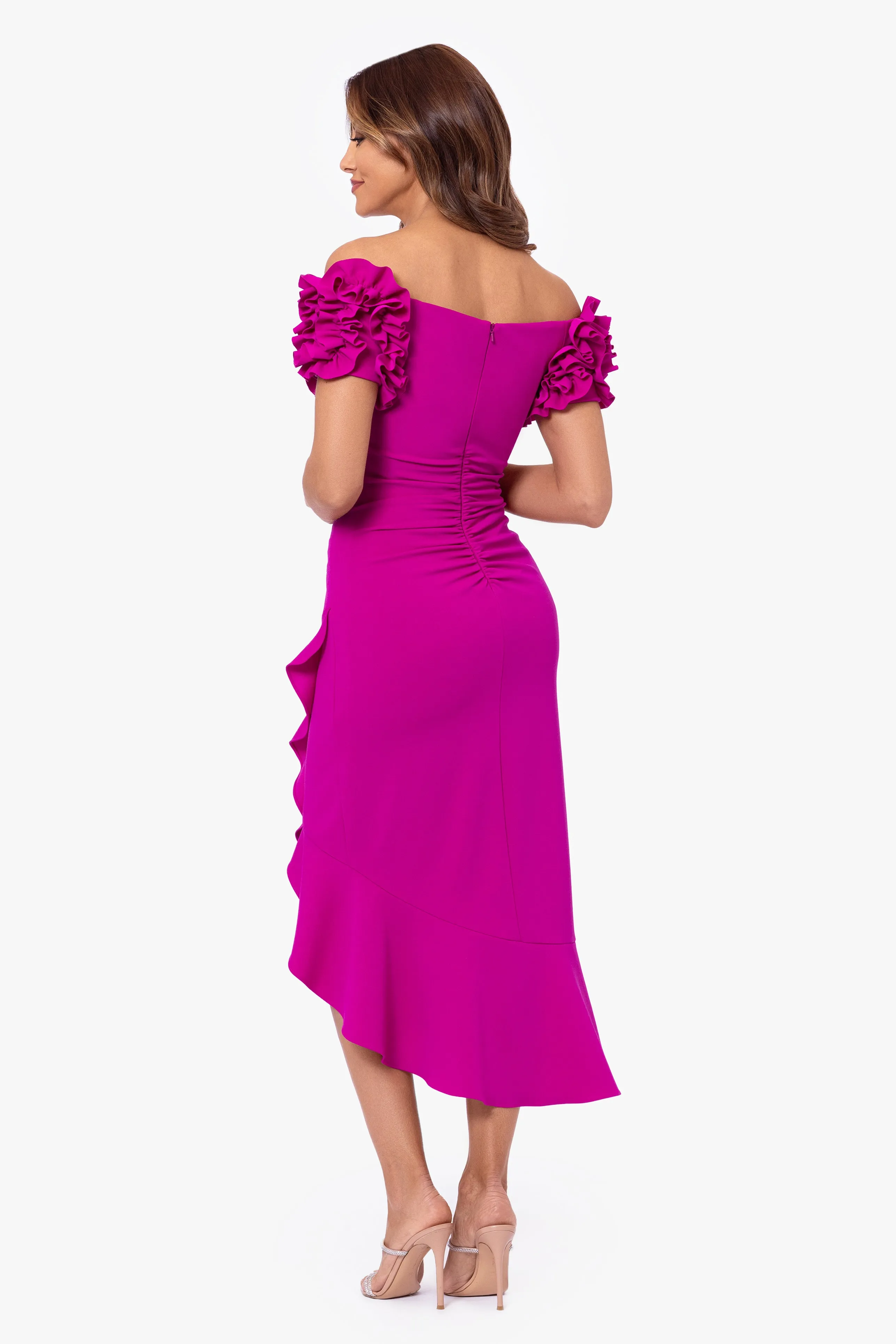 "Loretta" Scuba Crepe Off the Shoulder Ruffle Sleeve Midi Dress sold by Xscape product image thumbnail 3