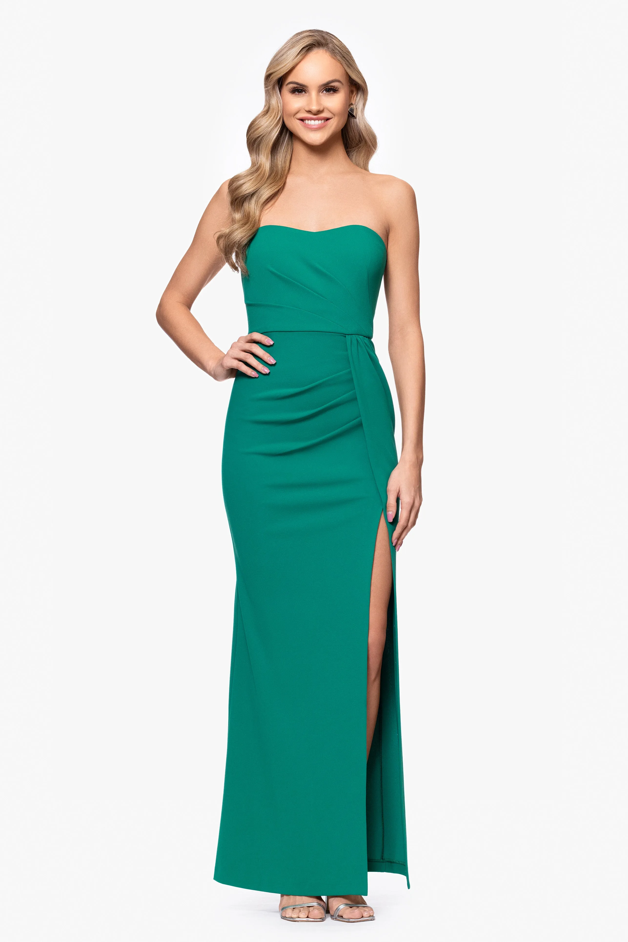 Blondie Nites "Reese" Long Scuba Strapless Ruched Dress sold by Xscape