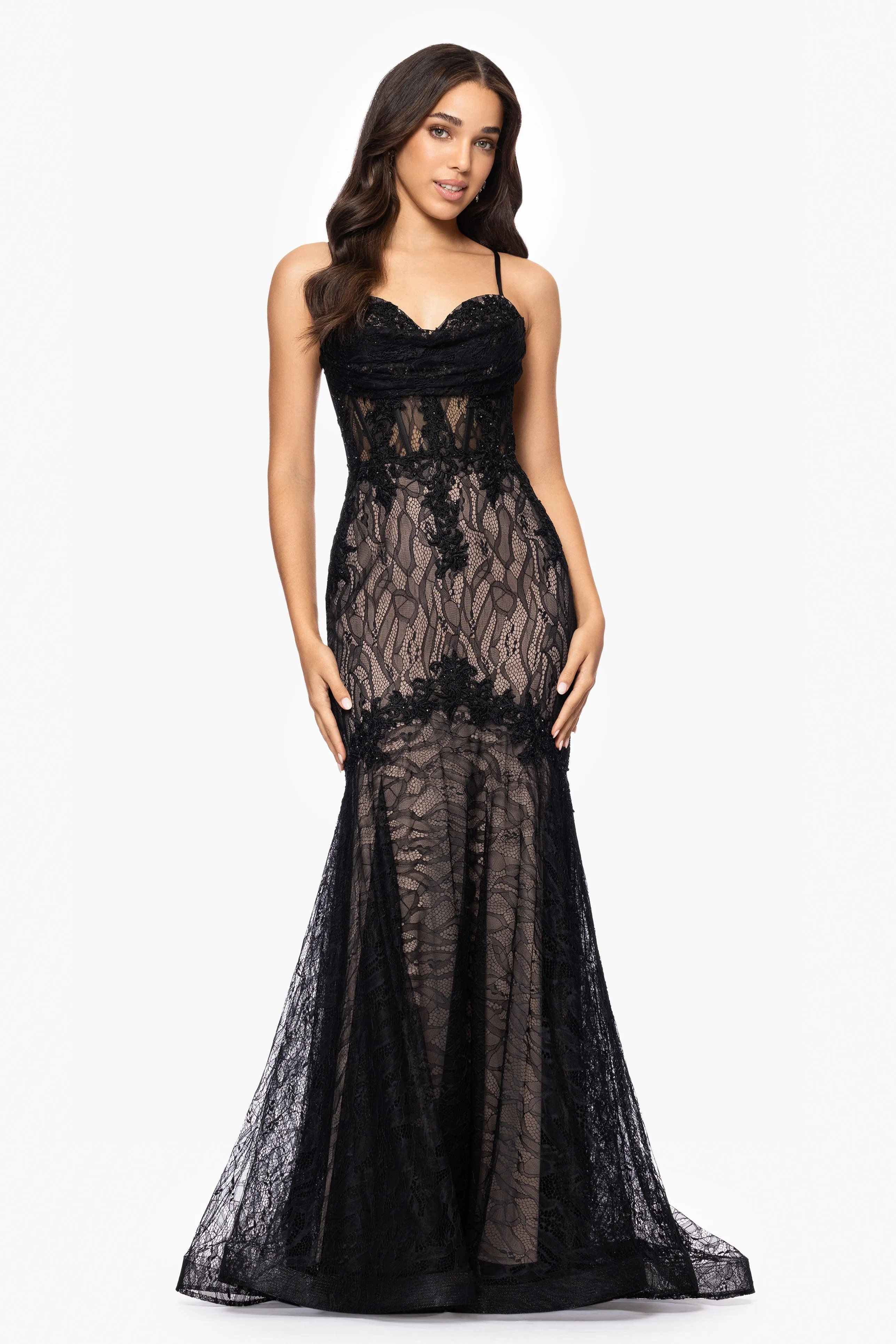 Blondie Nites "Marina" Lace Applique Floor Length Dress sold by Xscape