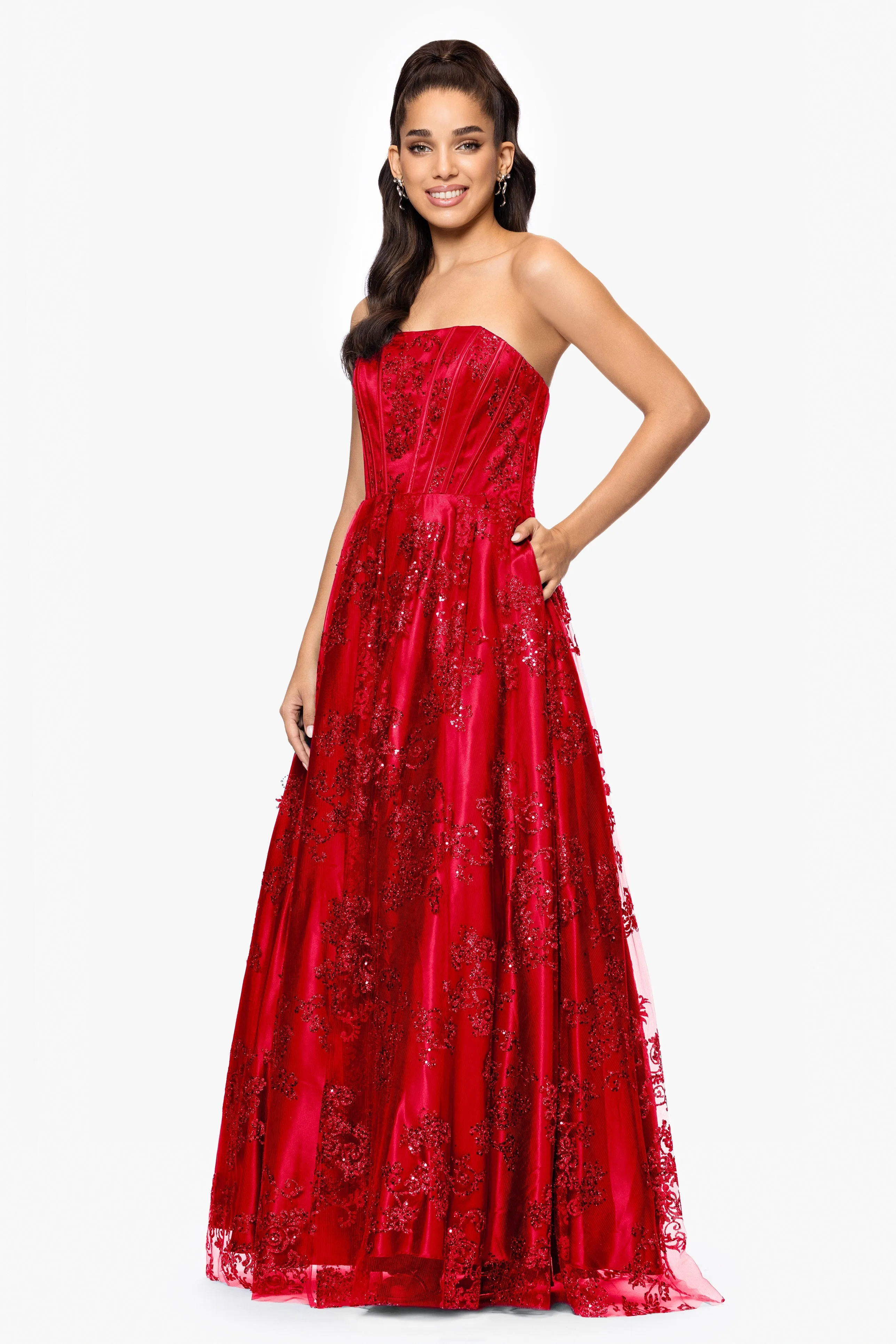 Blondie Nites "Tori" Strapless Glitter Mesh Corset Gown sold by Xscape product image thumbnail 4