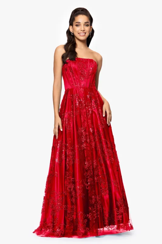Blondie Nites "Tori" Strapless Glitter Mesh Corset Gown made by Xscape