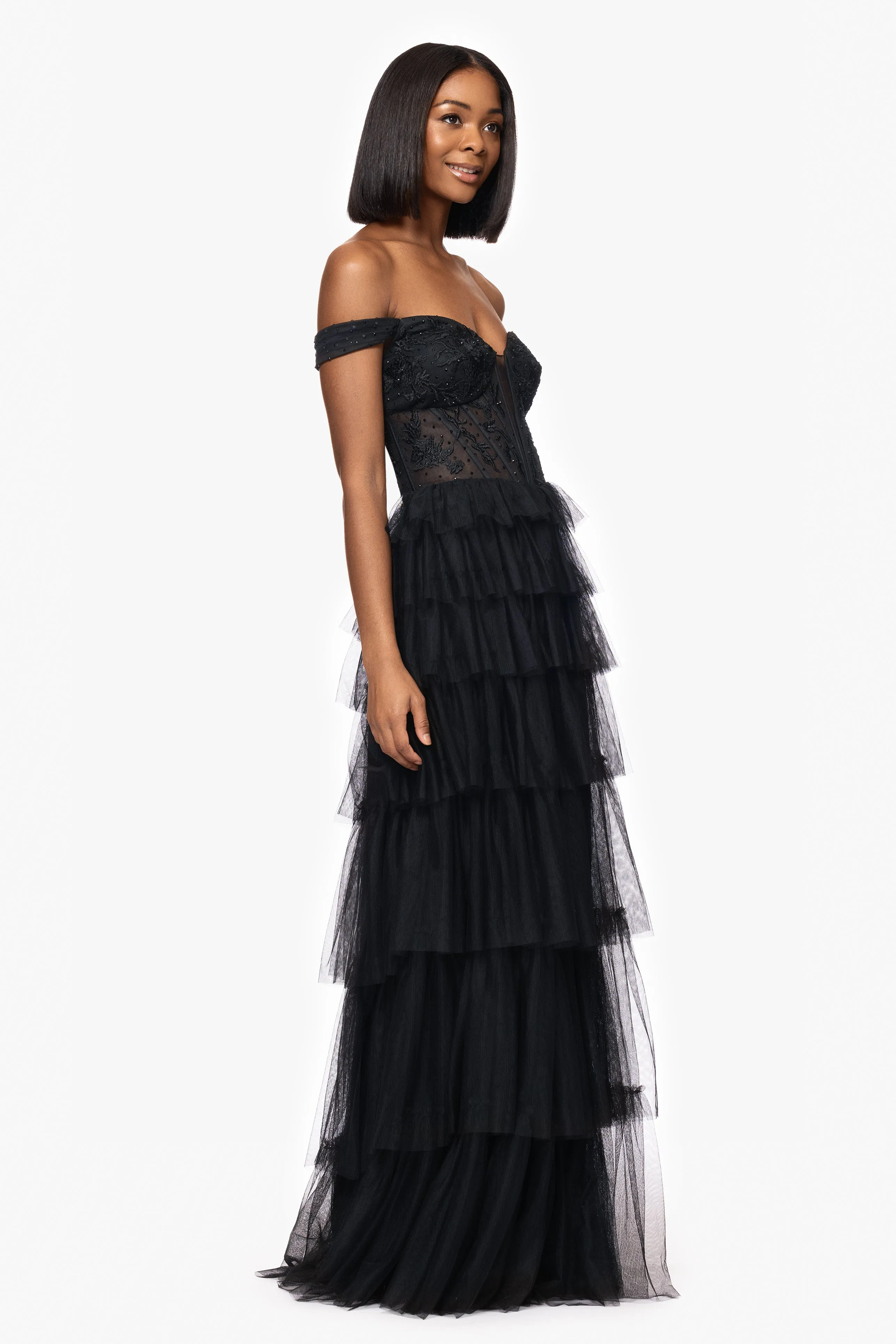 Blondie Nites "Charlotte" Long Mesh Off the Shoulder Applique and Ruffle Skirt Dress sold by Xscape product image thumbnail 4