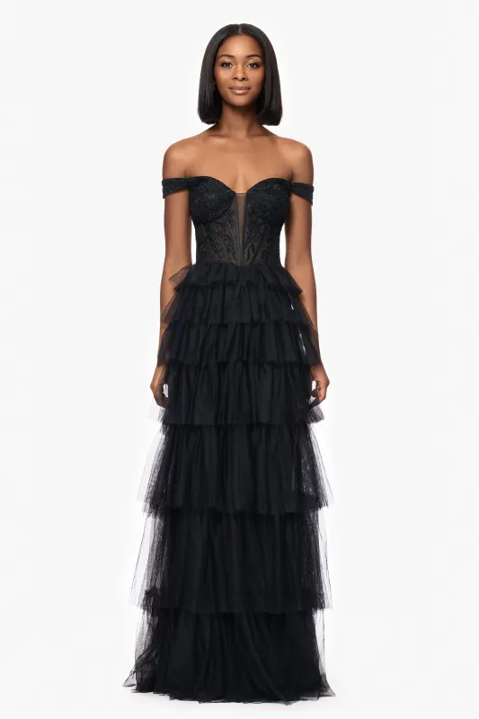 Blondie Nites "Charlotte" Long Mesh Off the Shoulder Applique and Ruffle Skirt Dress sold by Xscape