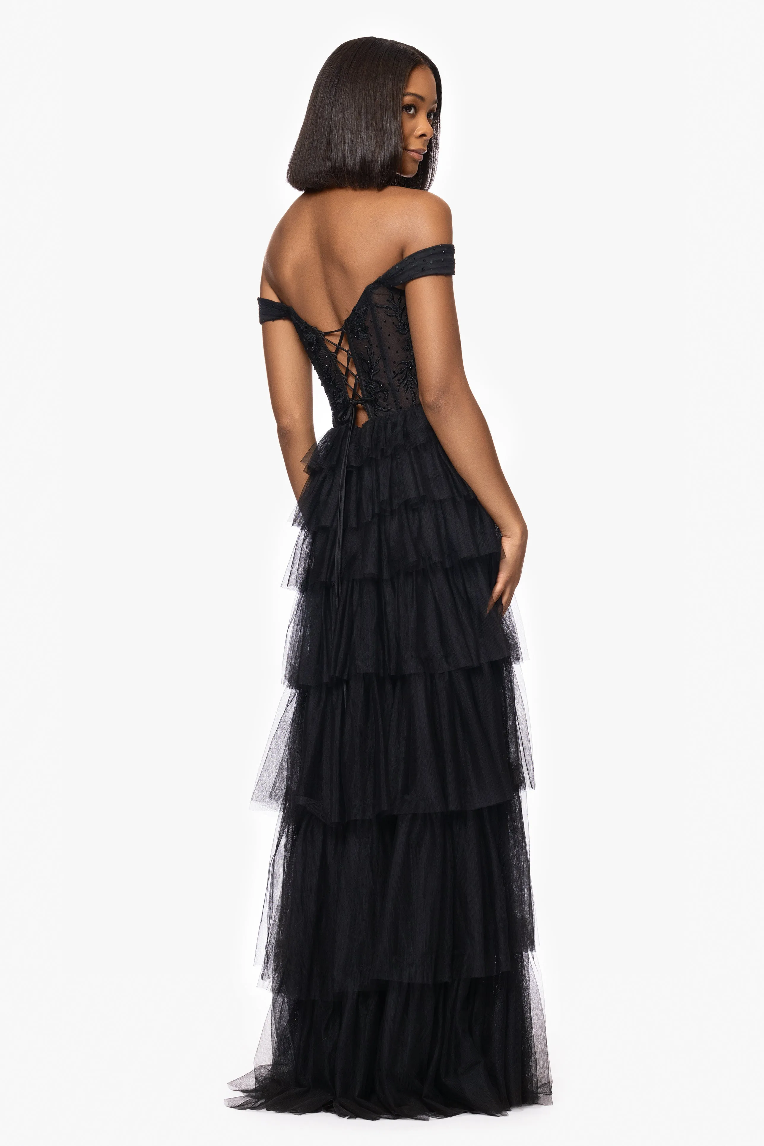 Blondie Nites "Charlotte" Long Mesh Off the Shoulder Applique and Ruffle Skirt Dress sold by Xscape product image thumbnail 3