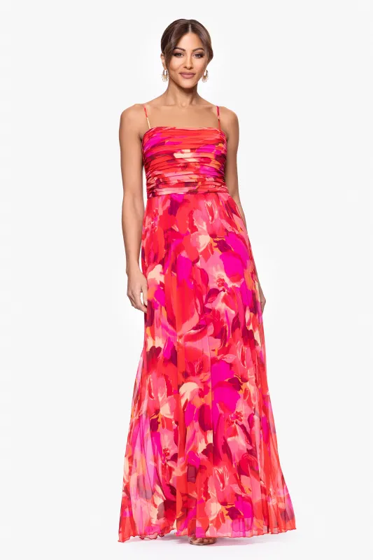 "Stephanie" Print Chiffon Spaghetti Strap Pleated Floor Length Dress sold by Xscape
