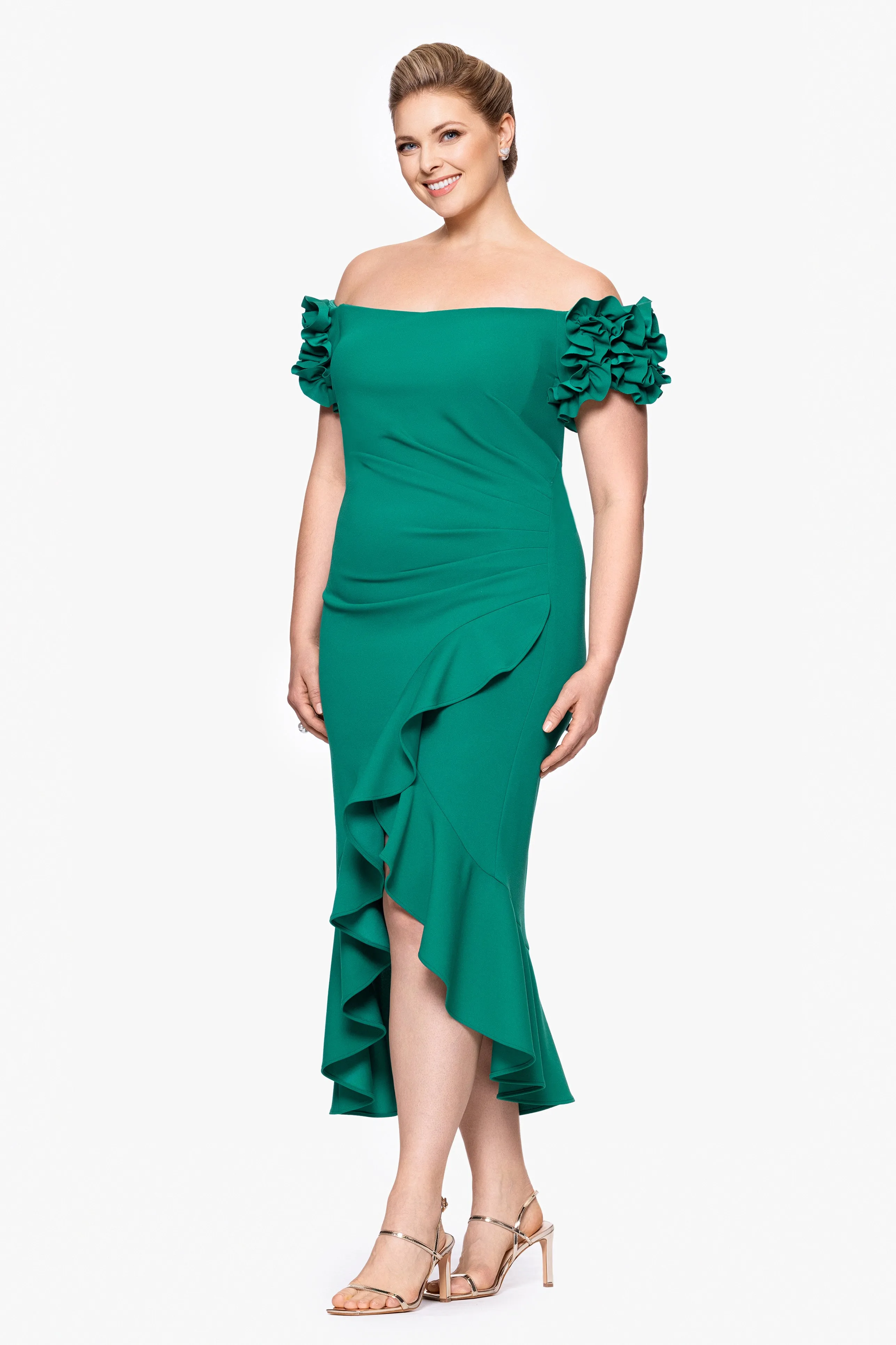 Plus "Loretta" Scuba Crepe Off the Shoulder Ruffle Sleeve Midi Dress sold by Xscape product image thumbnail 4