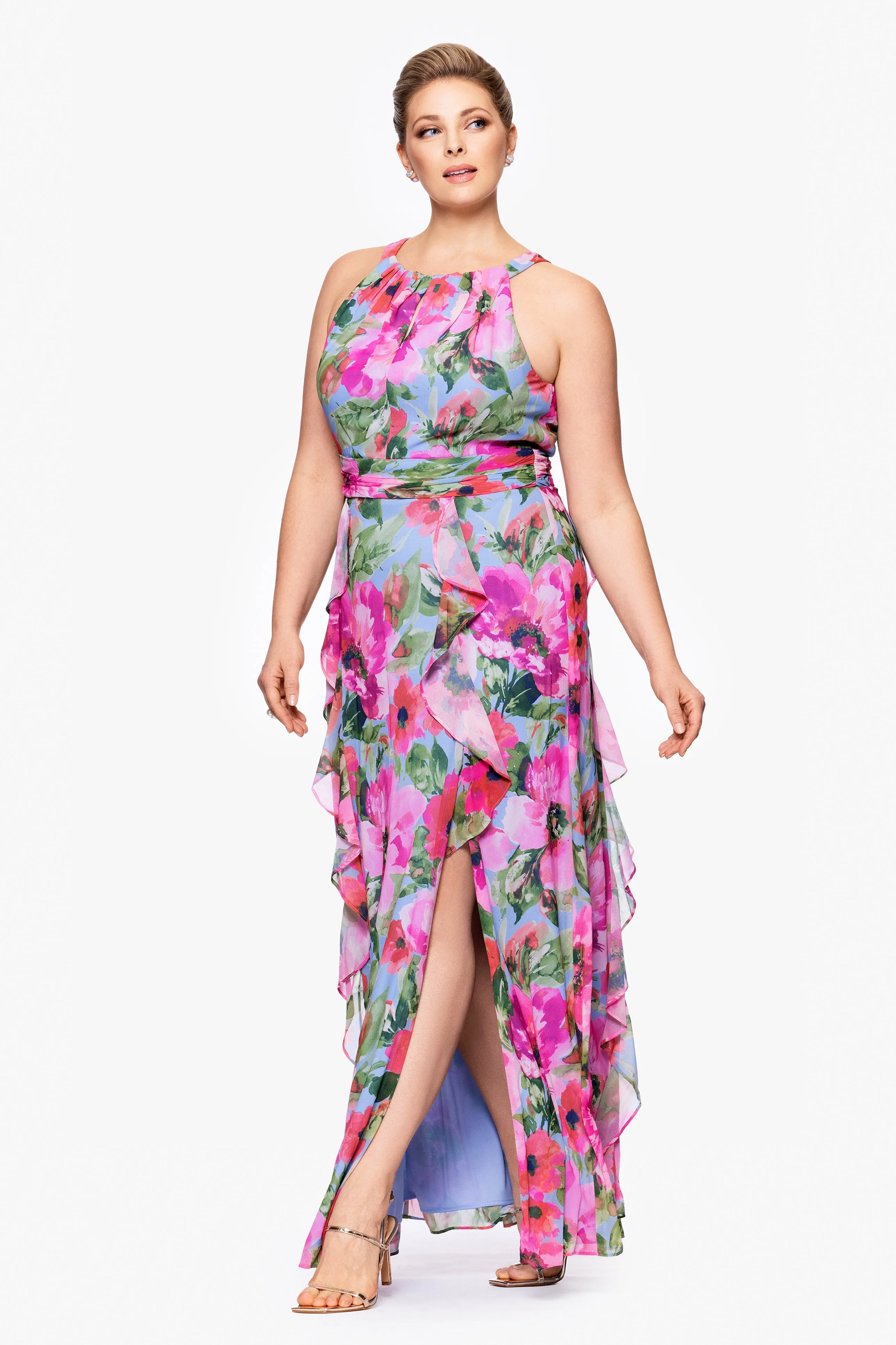 Plus "Karen" Print Chiffon Ruffle Floor Length Dress sold by Xscape product image thumbnail 4