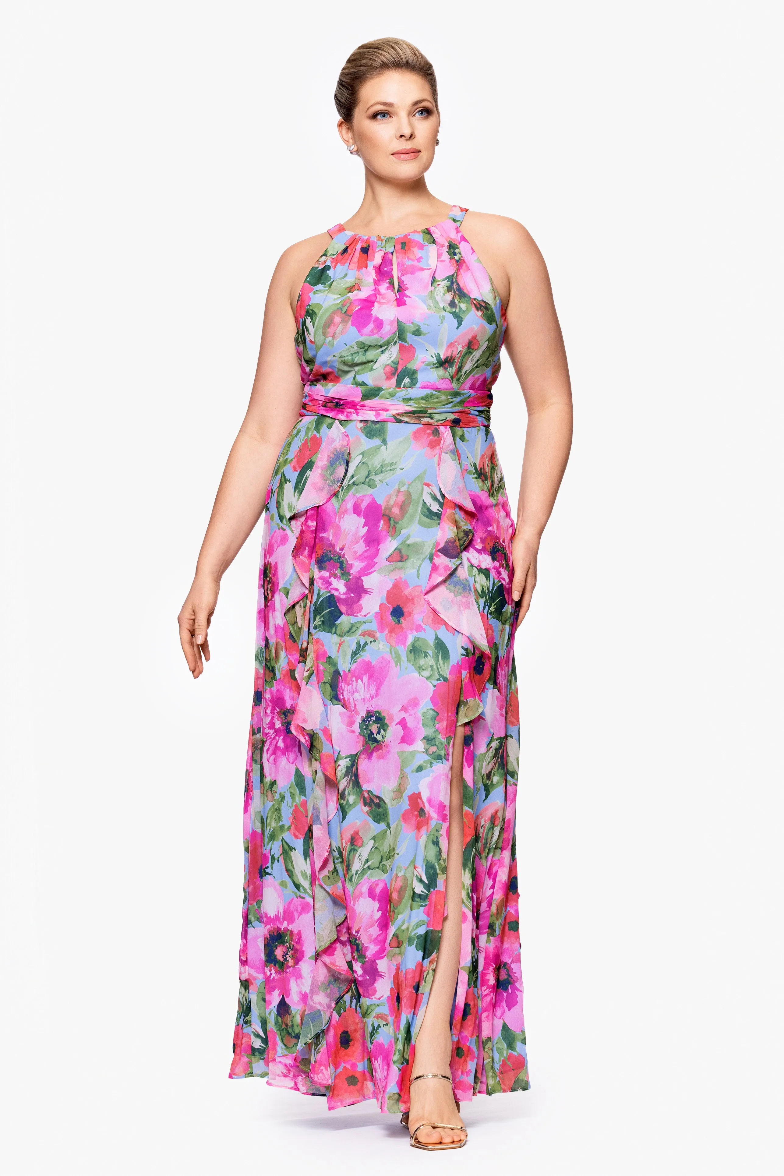 Plus "Karen" Print Chiffon Ruffle Floor Length Dress sold by Xscape