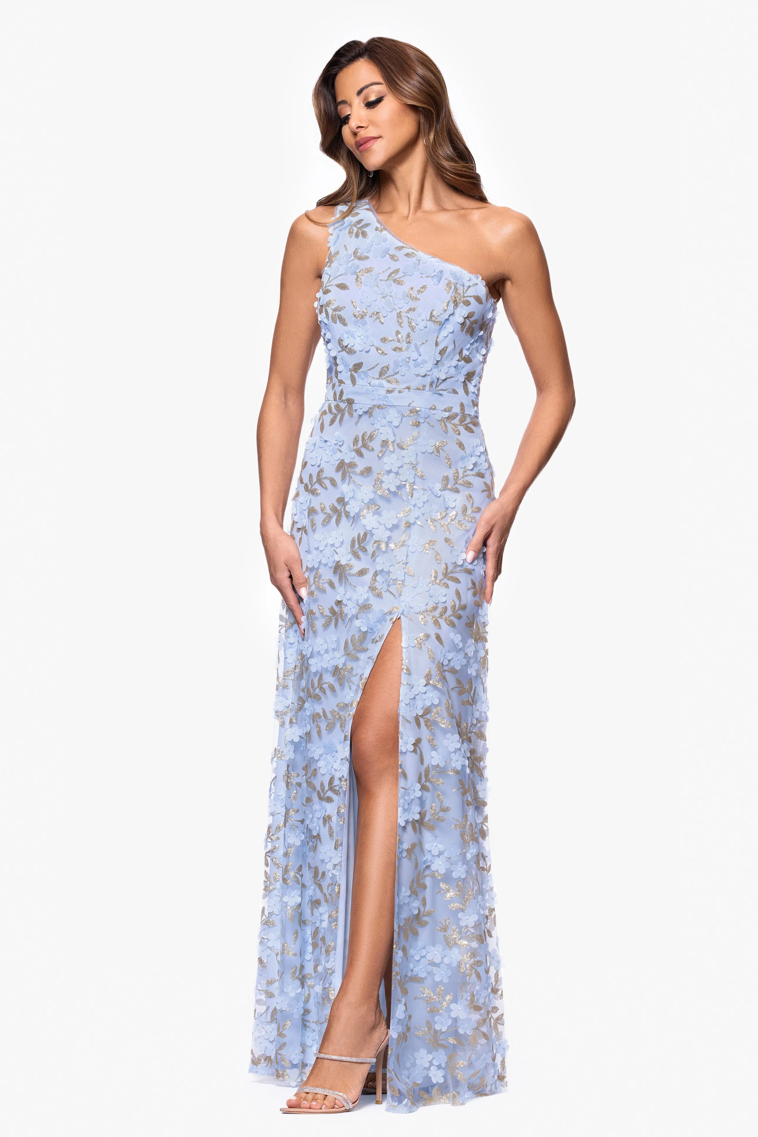 "Irina" 3D Flower One Shoulder Floor Length Dress sold by Xscape product image thumbnail 4