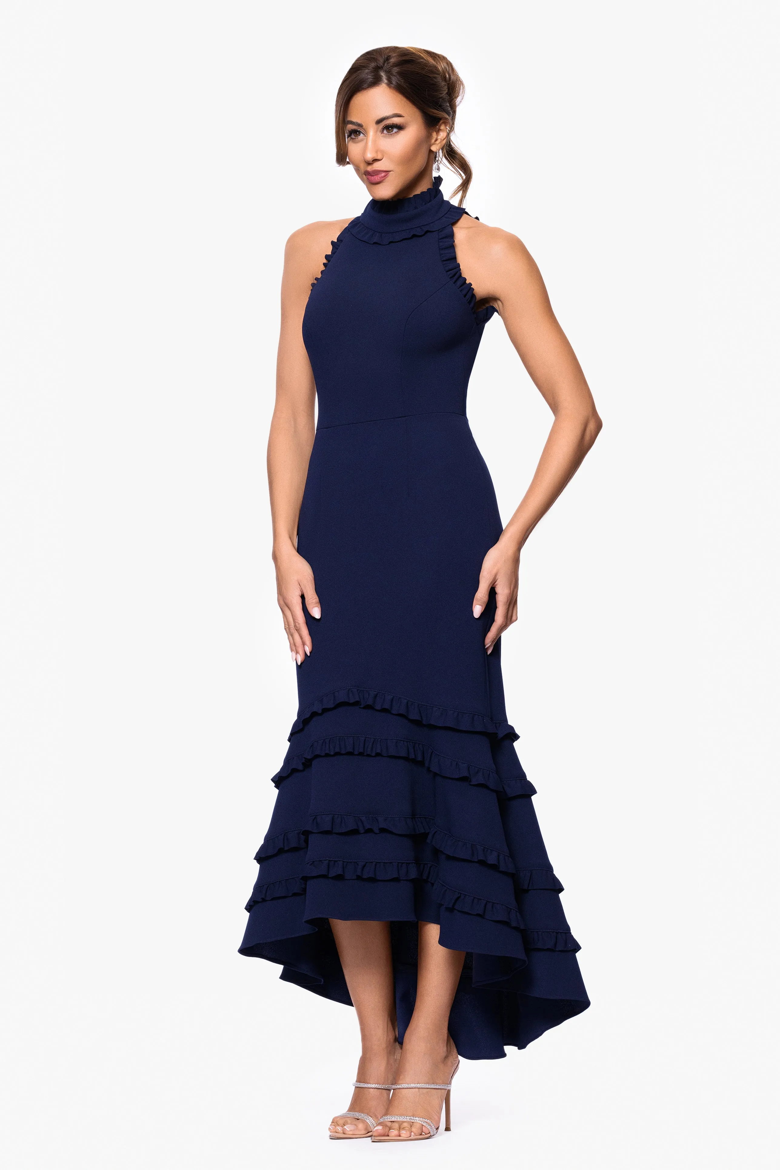 "Taylor" Scuba Crepe Ruffle High Neck High Low Dress sold by Xscape product image thumbnail 4