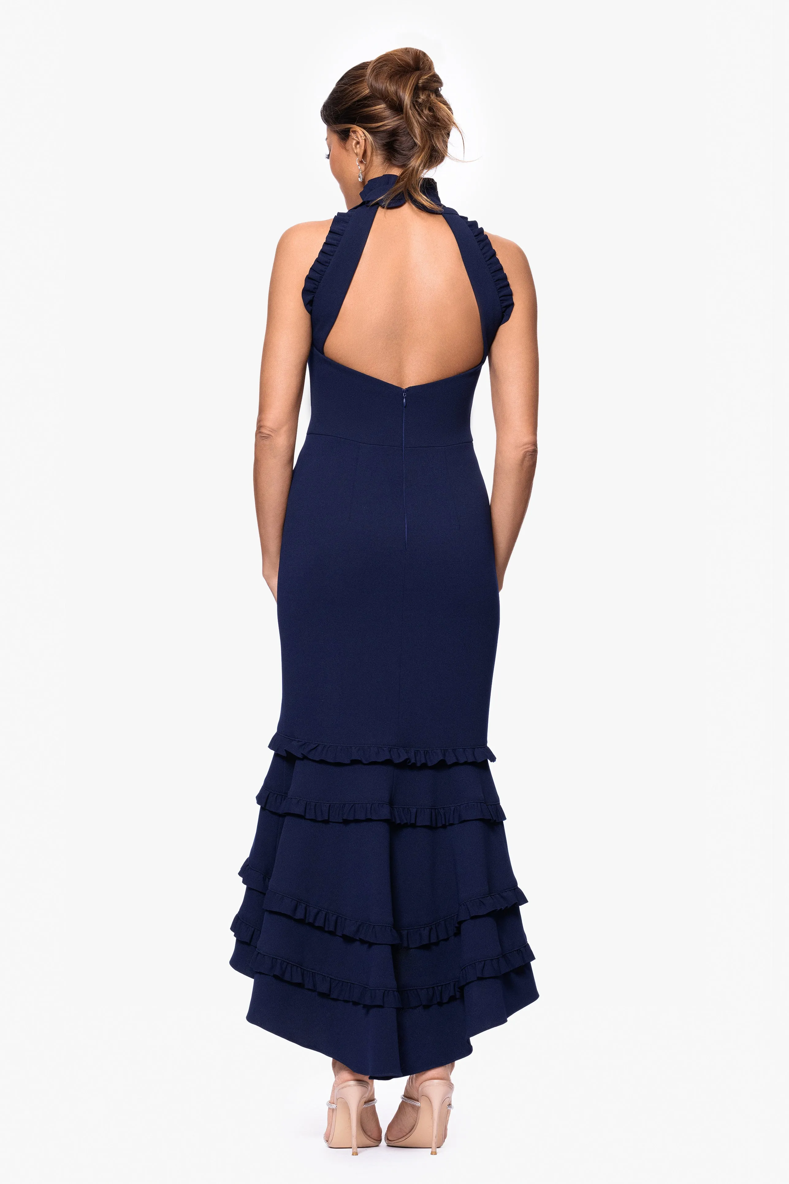 "Taylor" Scuba Crepe Ruffle High Neck High Low Dress sold by Xscape product image thumbnail 3