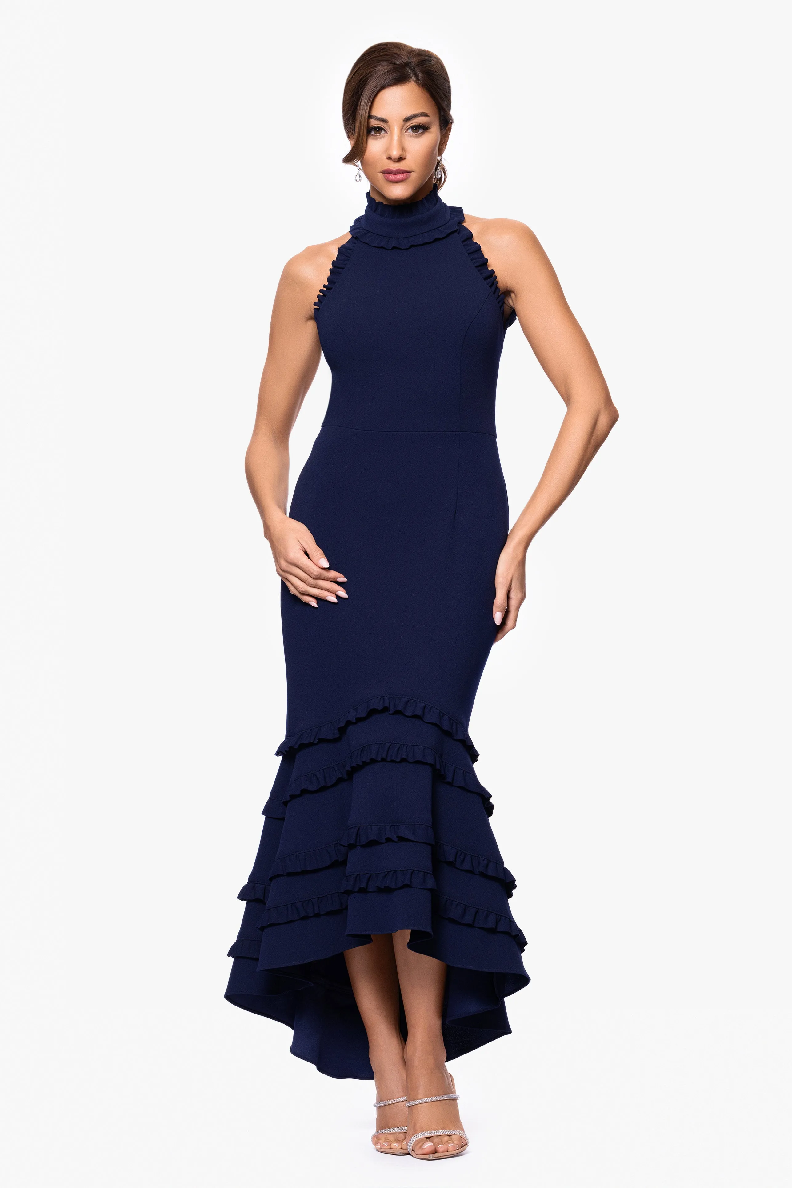 "Taylor" Scuba Crepe Ruffle High Neck High Low Dress sold by Xscape
