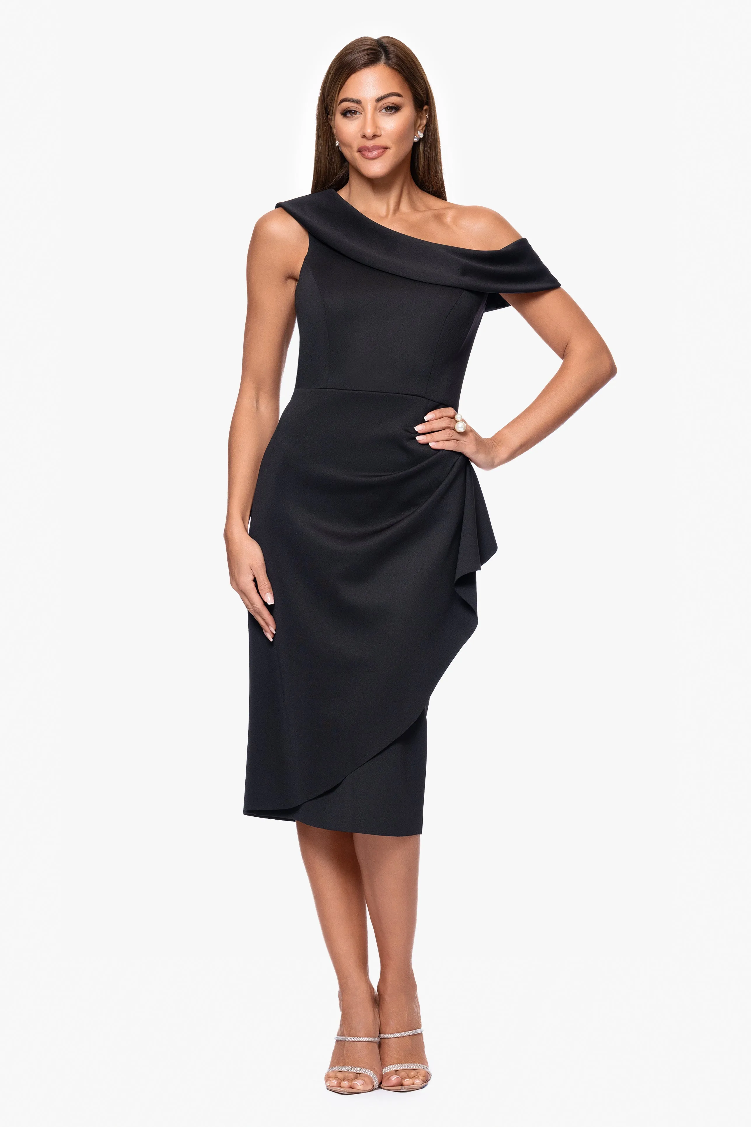 "Mallory" Techno Scuba Off the Shoulder Ruffle Knee Length Dress sold by Xscape