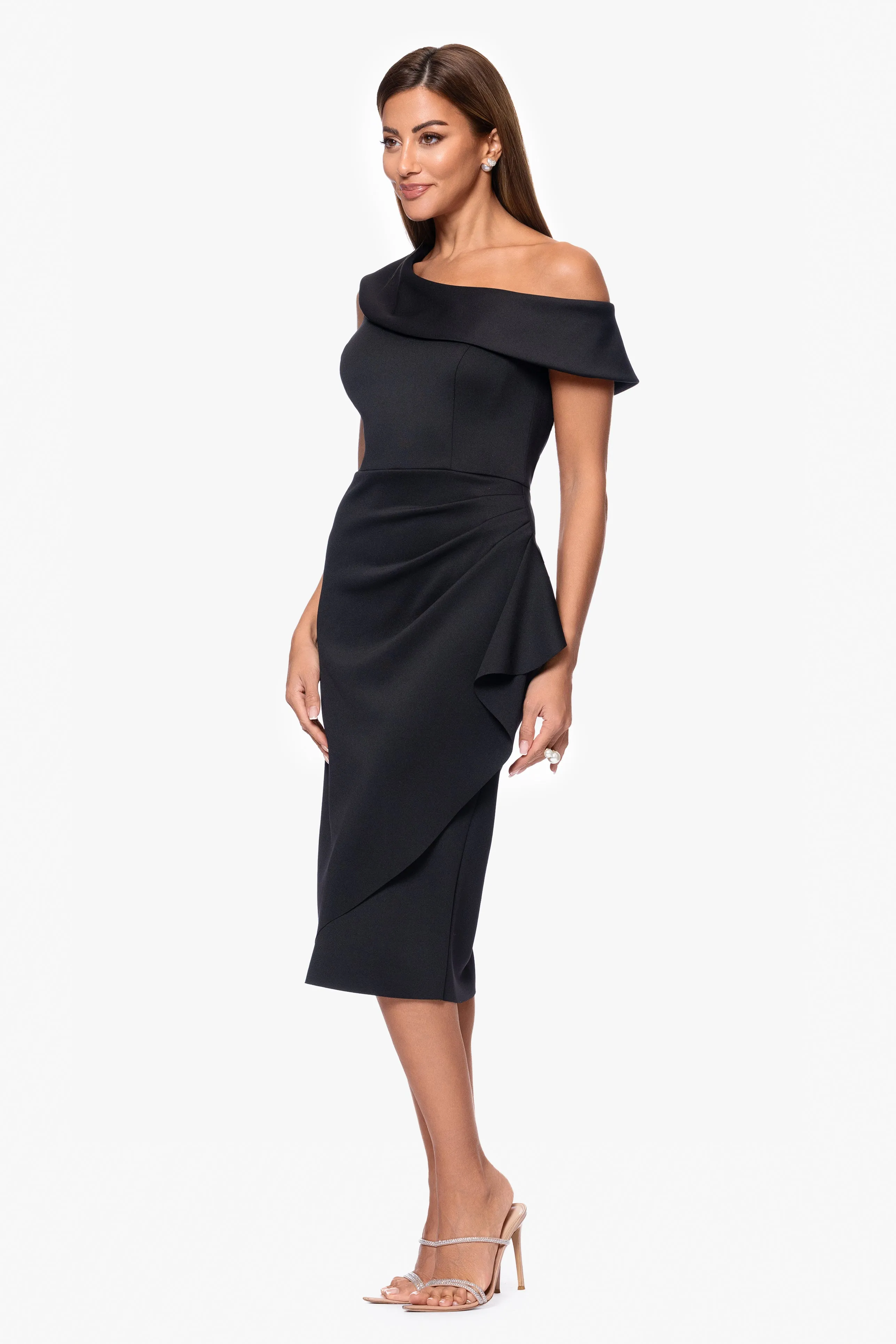 "Mallory" Techno Scuba Off the Shoulder Ruffle Knee Length Dress sold by Xscape product image thumbnail 5