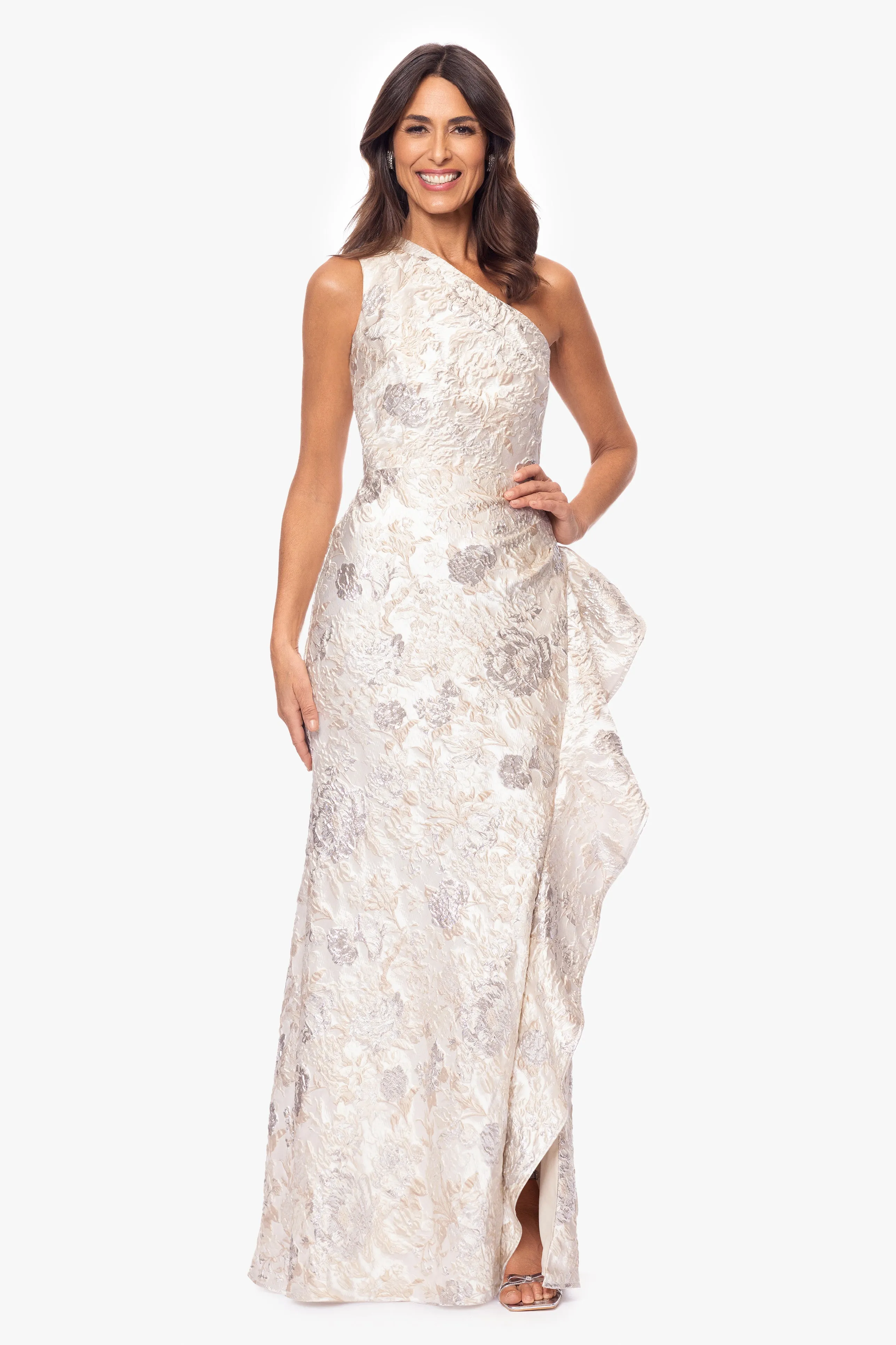 "Pamela" Jacquard One Shoulder Ruffle Floor Length Dress sold by Xscape