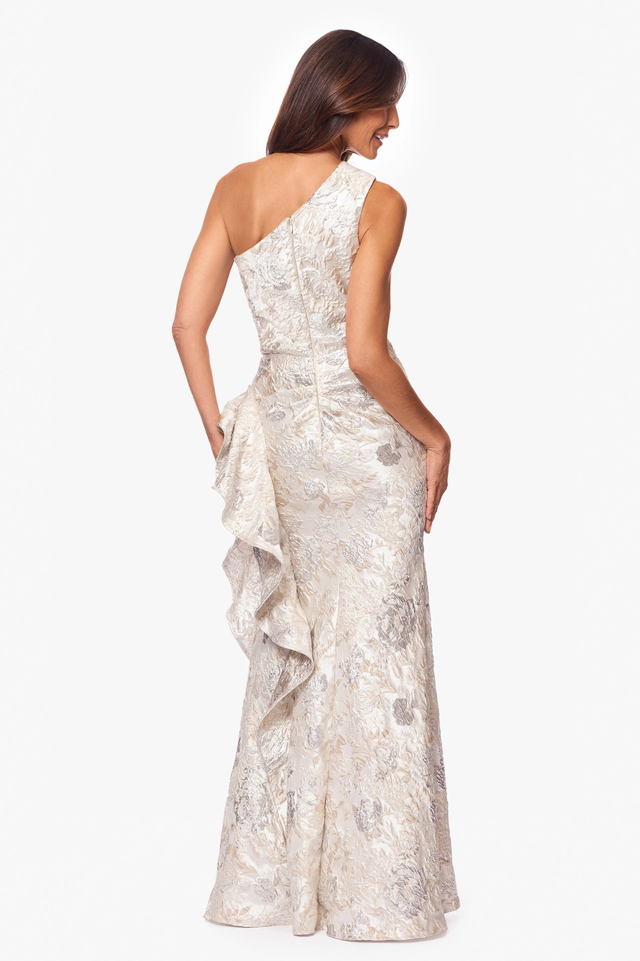 "Pamela" Jacquard One Shoulder Ruffle Floor Length Dress sold by Xscape product image thumbnail 3