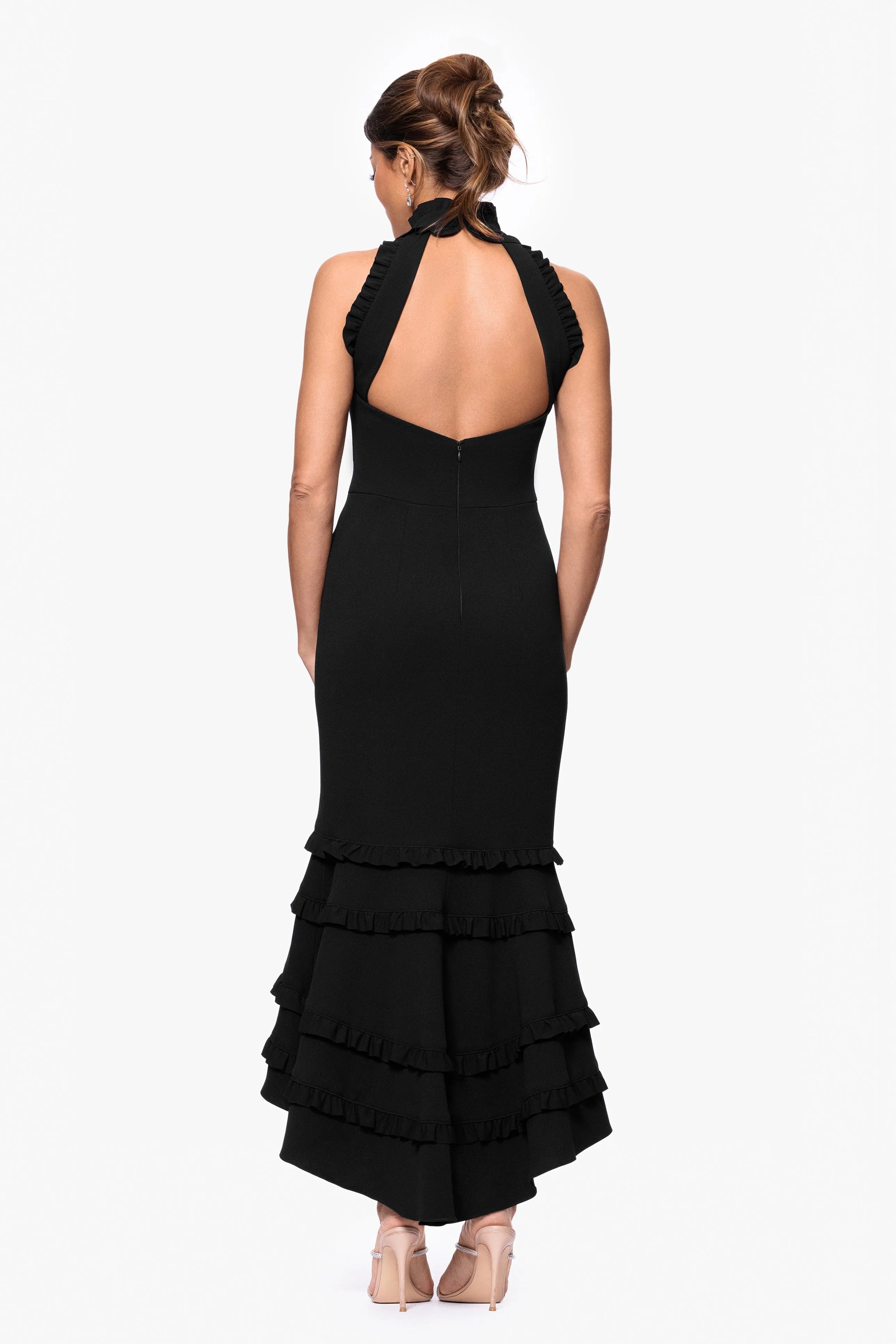 "Taylor" Scuba Crepe Ruffle High Neck High Low Dress sold by Xscape product image thumbnail 3