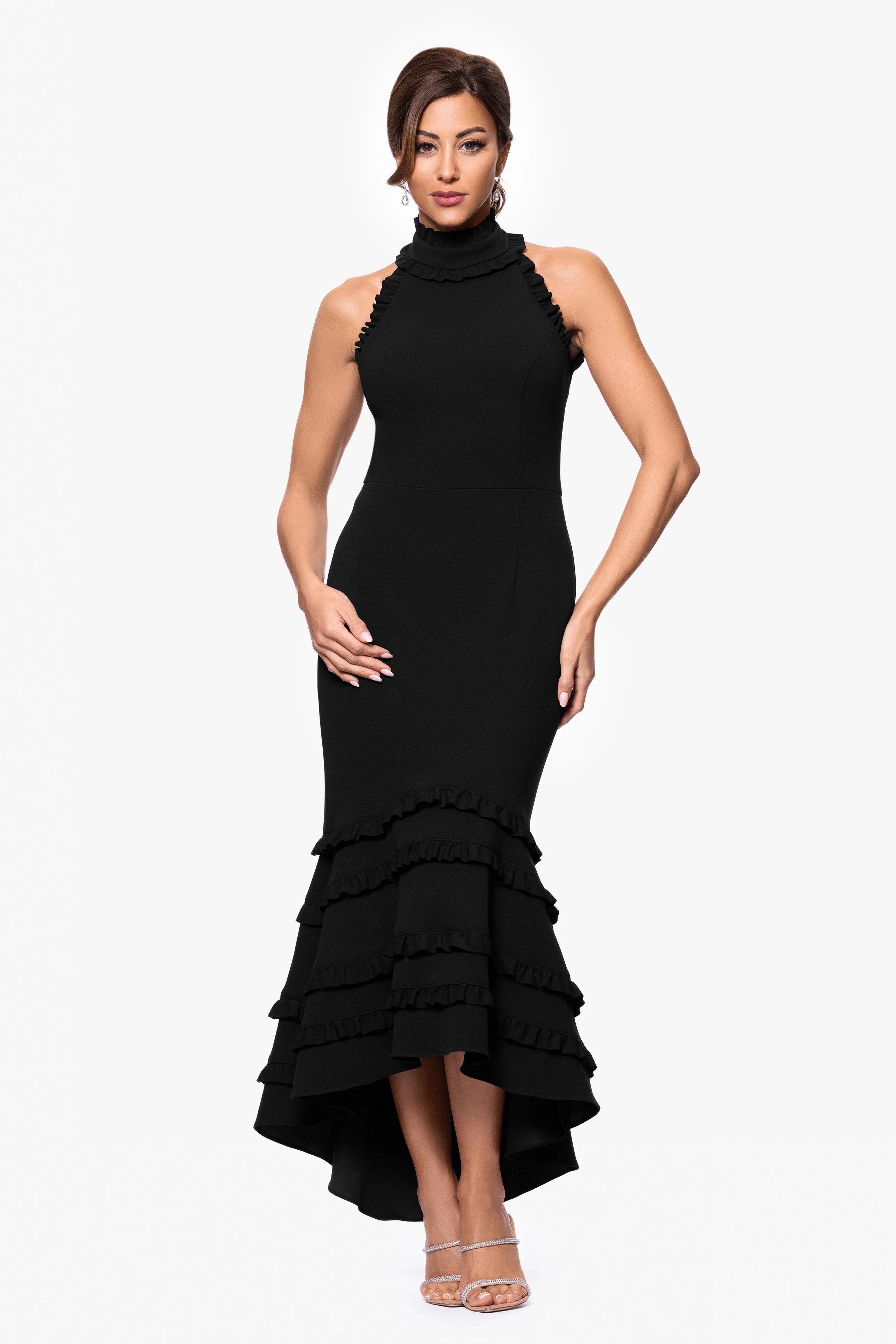 "Taylor" Scuba Crepe Ruffle High Neck High Low Dress sold by Xscape