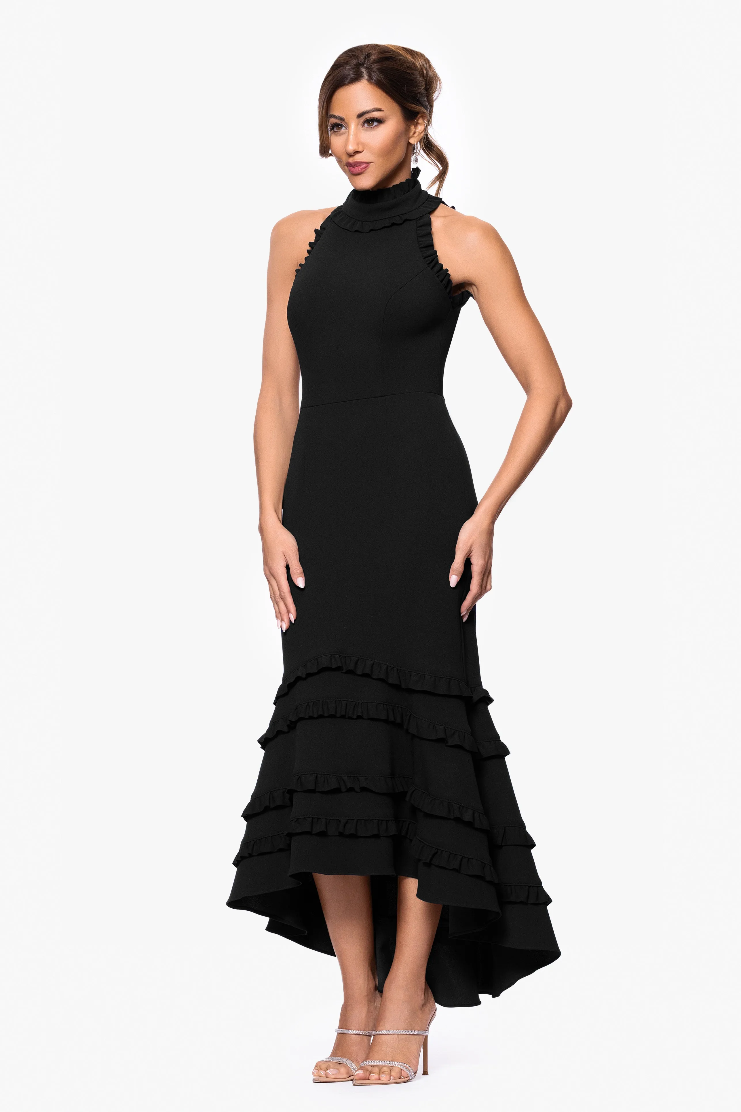 "Taylor" Scuba Crepe Ruffle High Neck High Low Dress sold by Xscape product image thumbnail 4