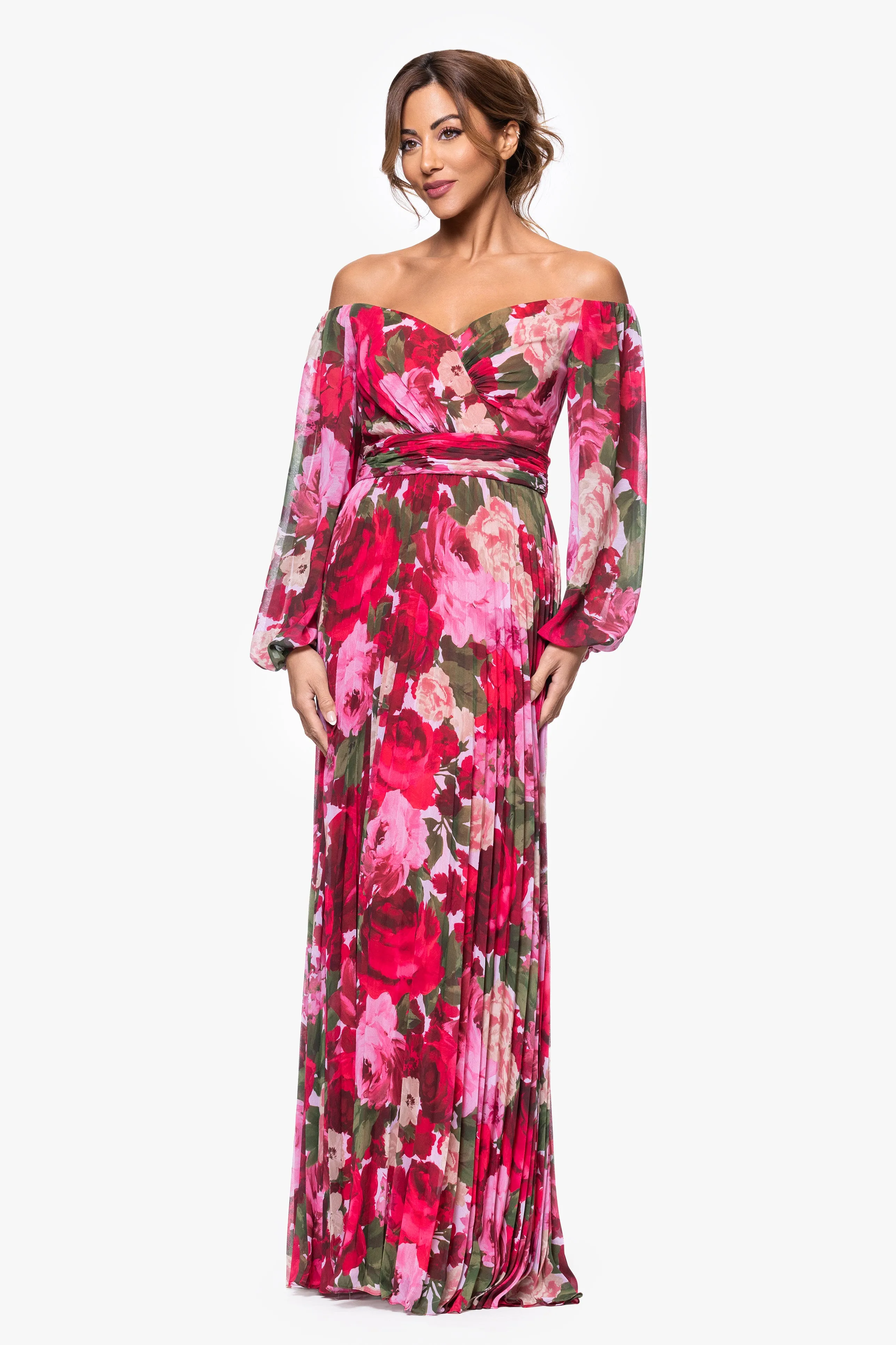 Petite "Kaylin" Print Chiffon Off the Shoulder Floor Length Dress sold by Xscape product image thumbnail 4