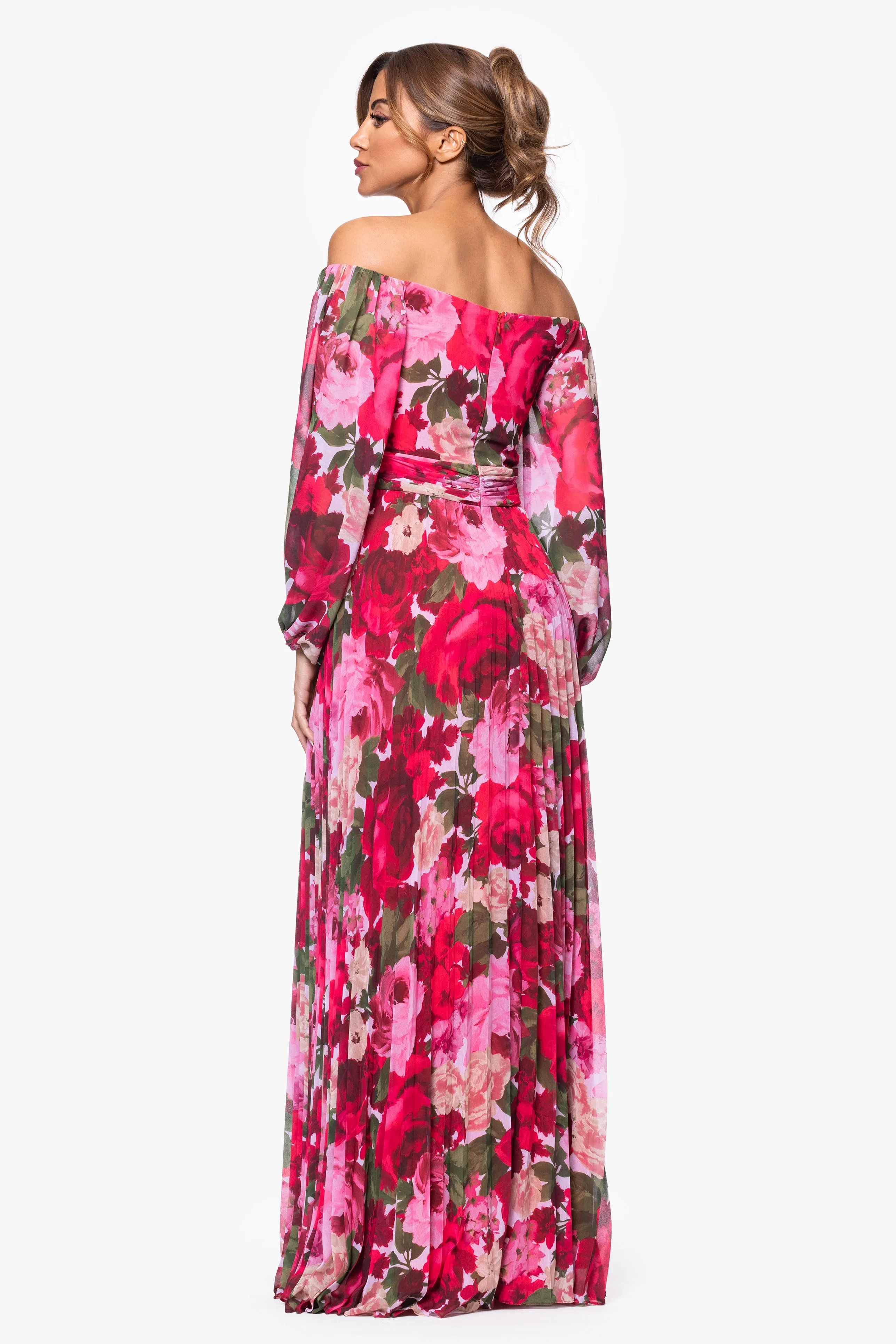 Petite "Kaylin" Print Chiffon Off the Shoulder Floor Length Dress sold by Xscape product image thumbnail 3