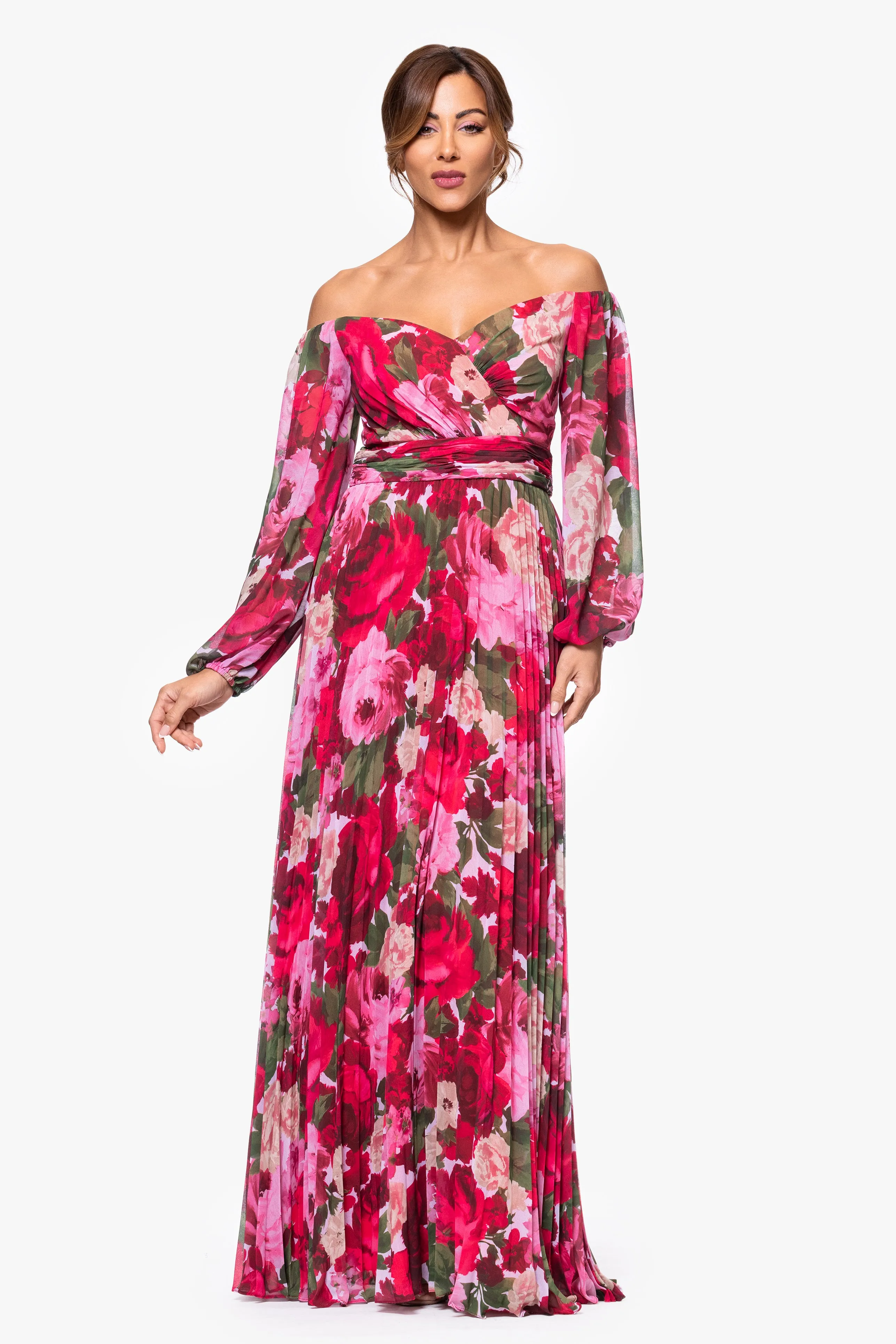 Petite "Kaylin" Print Chiffon Off the Shoulder Floor Length Dress sold by Xscape