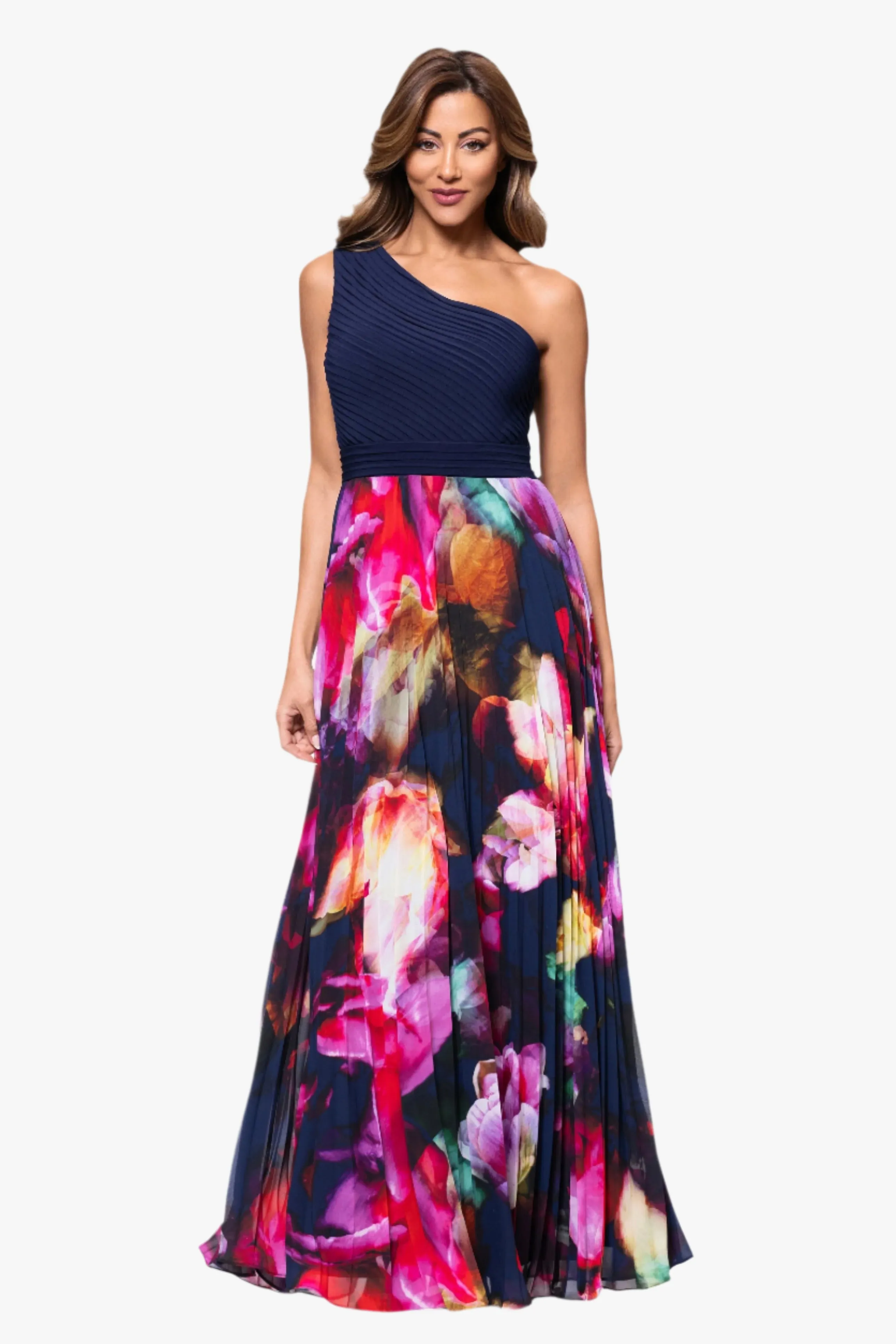 "Mary" Jersey Knit and Print Chiffon One Shoulder Floor Length Dress sold by Xscape