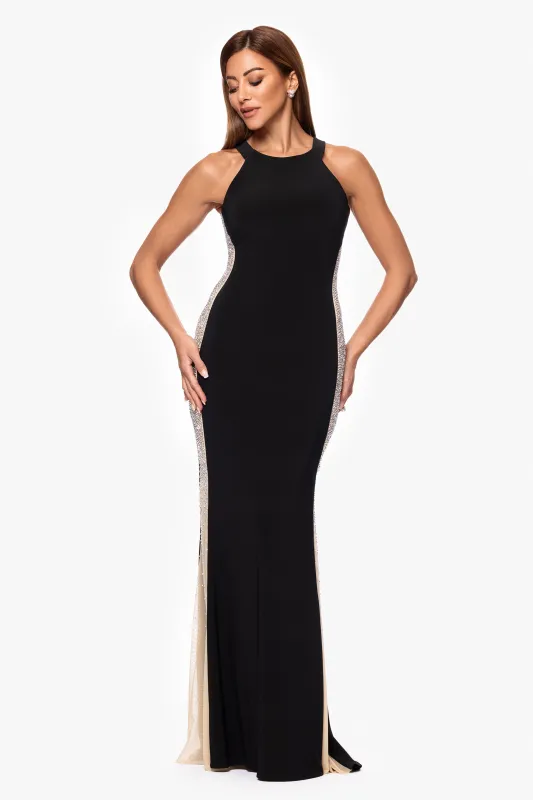 "Donna" Jersey Knit Caviar Beaded Floor Length Dress sold by Xscape