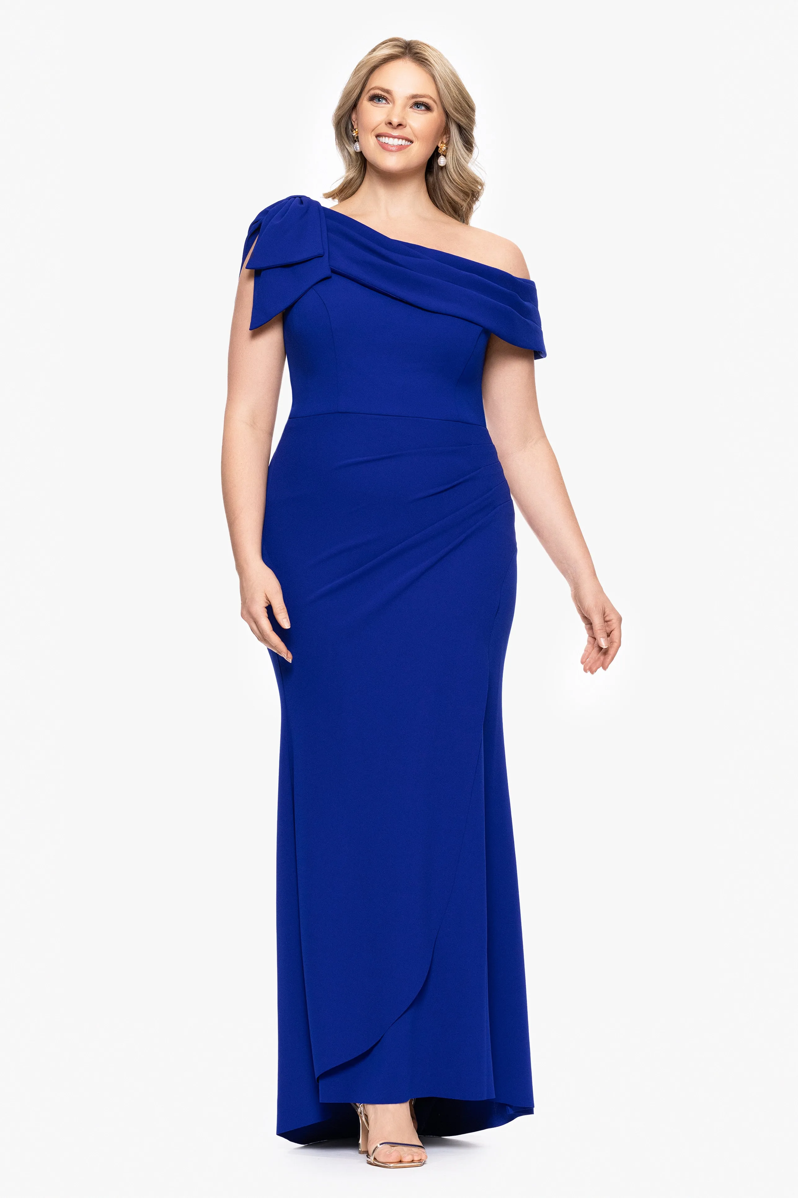 Plus "Gabrielle" Scuba Crepe Off Shoulder Ruffle Floor Length Dress sold by Xscape