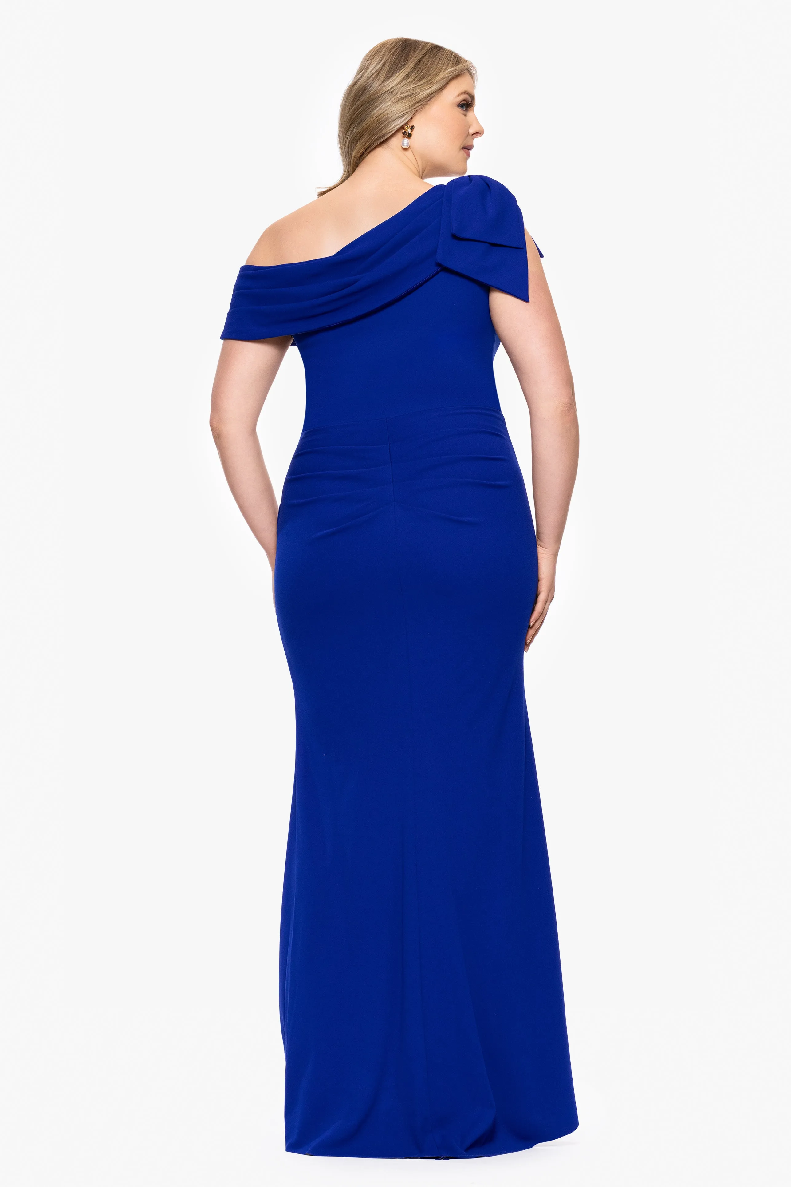 Plus "Gabrielle" Scuba Crepe Off Shoulder Ruffle Floor Length Dress sold by Xscape product image thumbnail 3