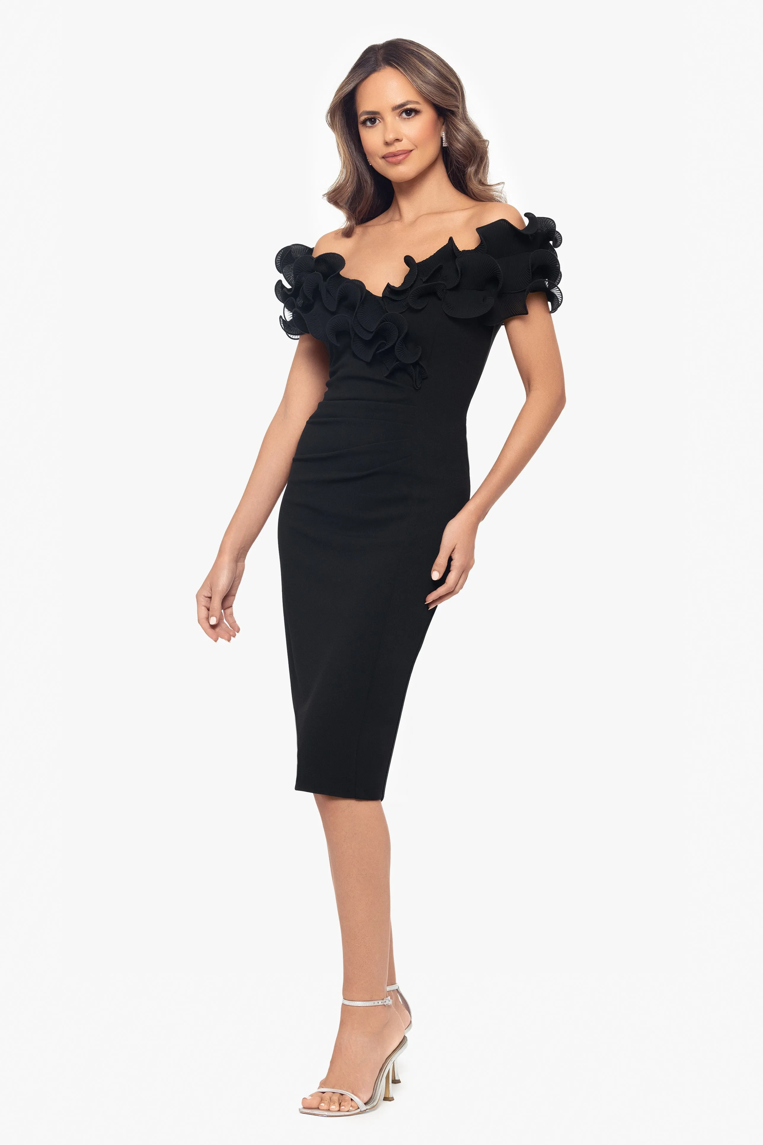 "Natalia" Scuba Crepe Off the Shoulder Ruffle Neck Knee Length Dress sold by Xscape product image thumbnail 4