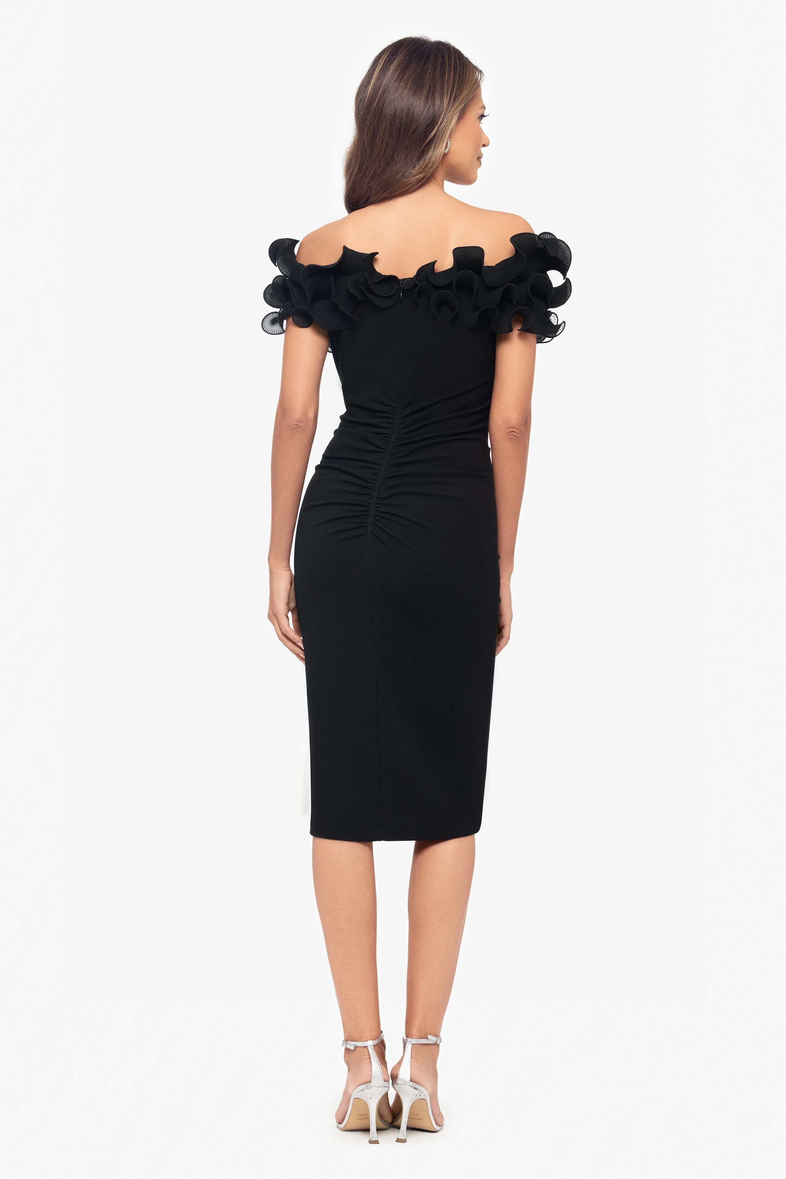 "Natalia" Scuba Crepe Off the Shoulder Ruffle Neck Knee Length Dress sold by Xscape product image thumbnail 3