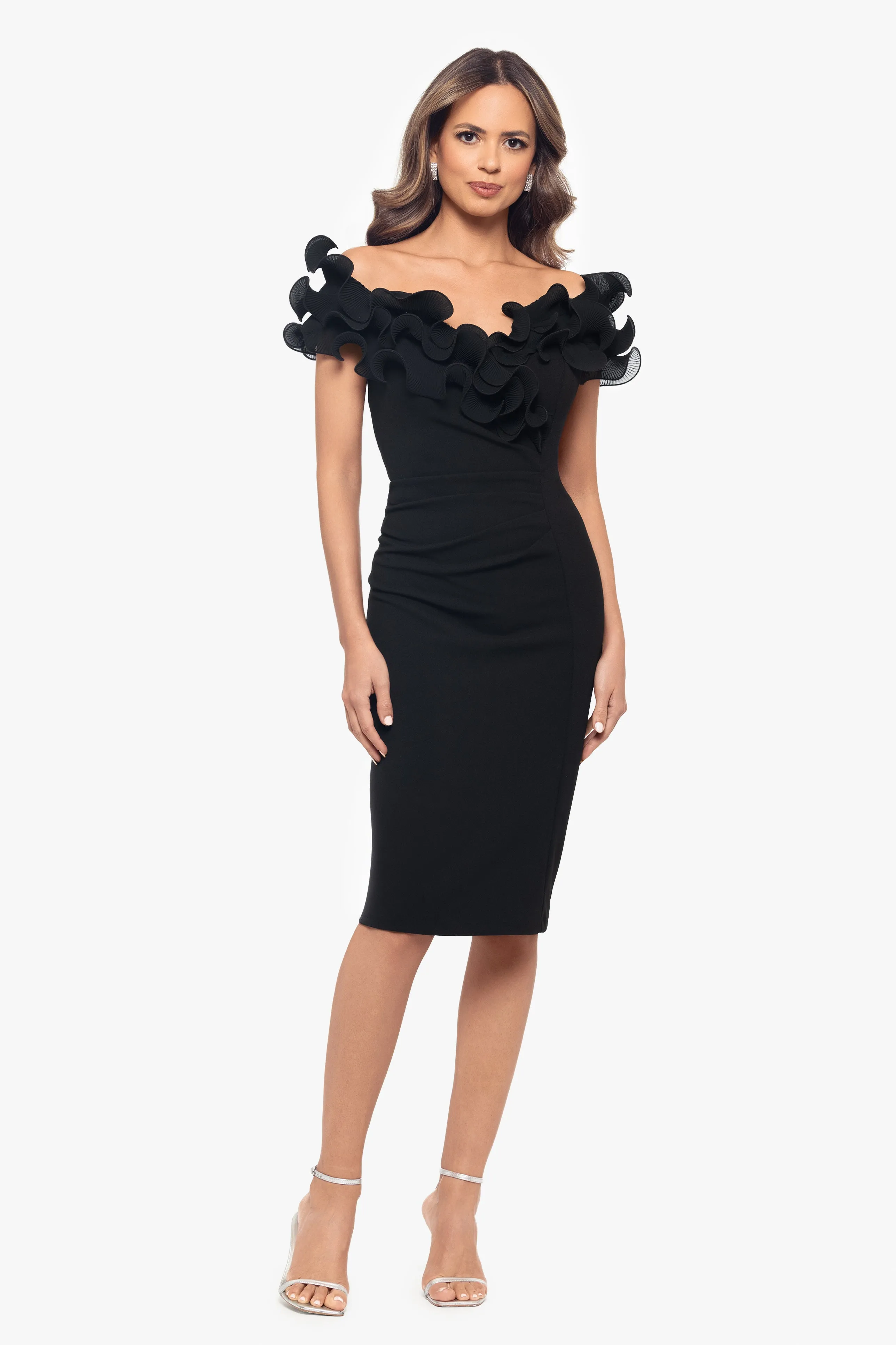 "Natalia" Scuba Crepe Off the Shoulder Ruffle Neck Knee Length Dress sold by Xscape
