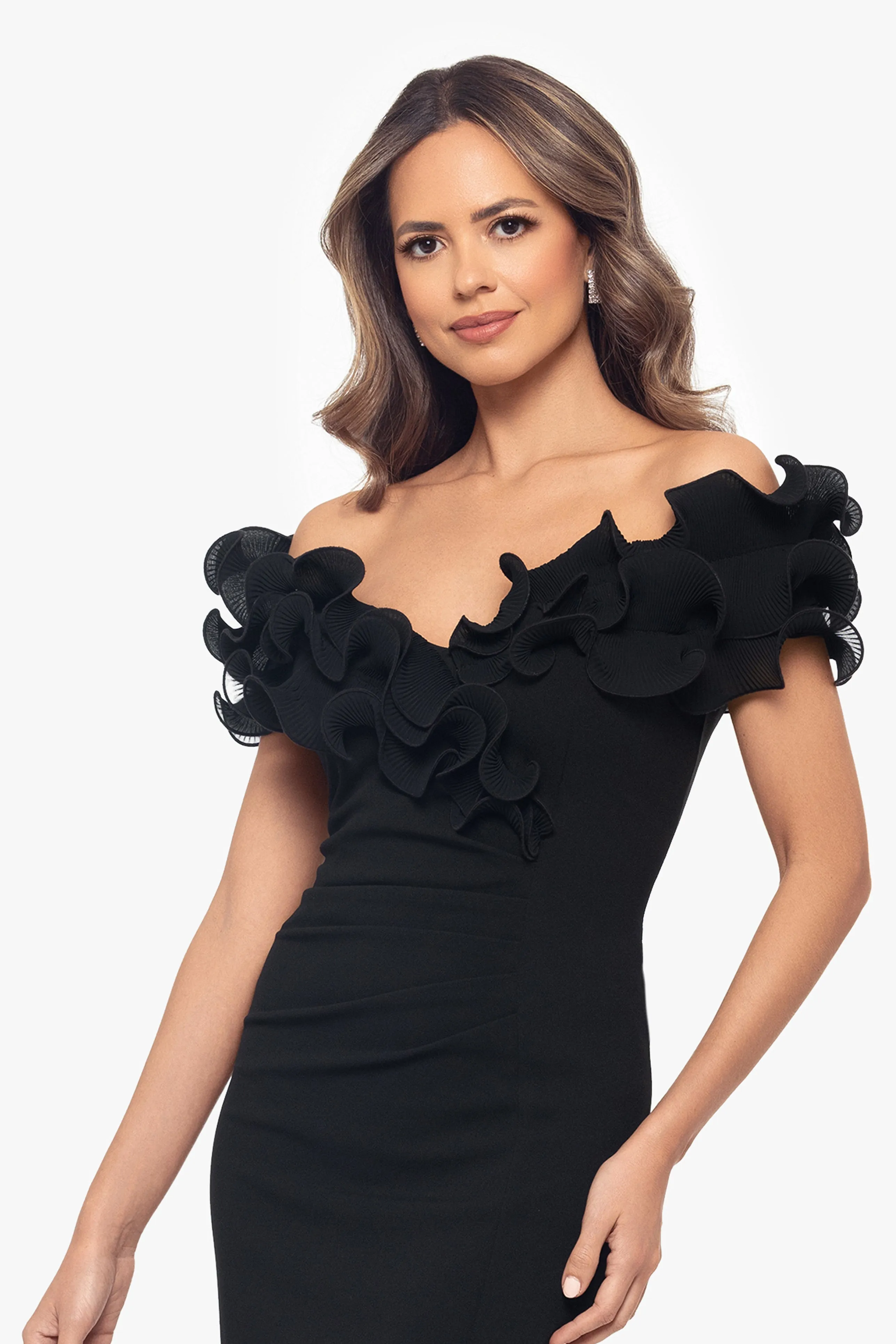 "Natalia" Scuba Crepe Off the Shoulder Ruffle Neck Knee Length Dress sold by Xscape product image thumbnail 2