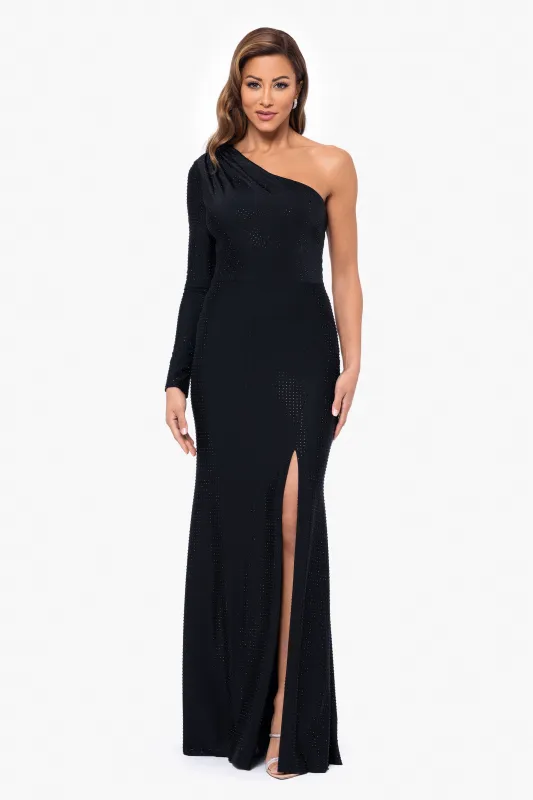 "Arleen" Stone Knit One Shoulder Long Sleeve Floor Length Dress sold by Xscape