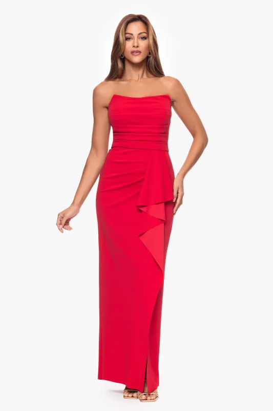 "Monique" Scuba Crepe Strapless Ruffle Floor Length Dress sold by Xscape