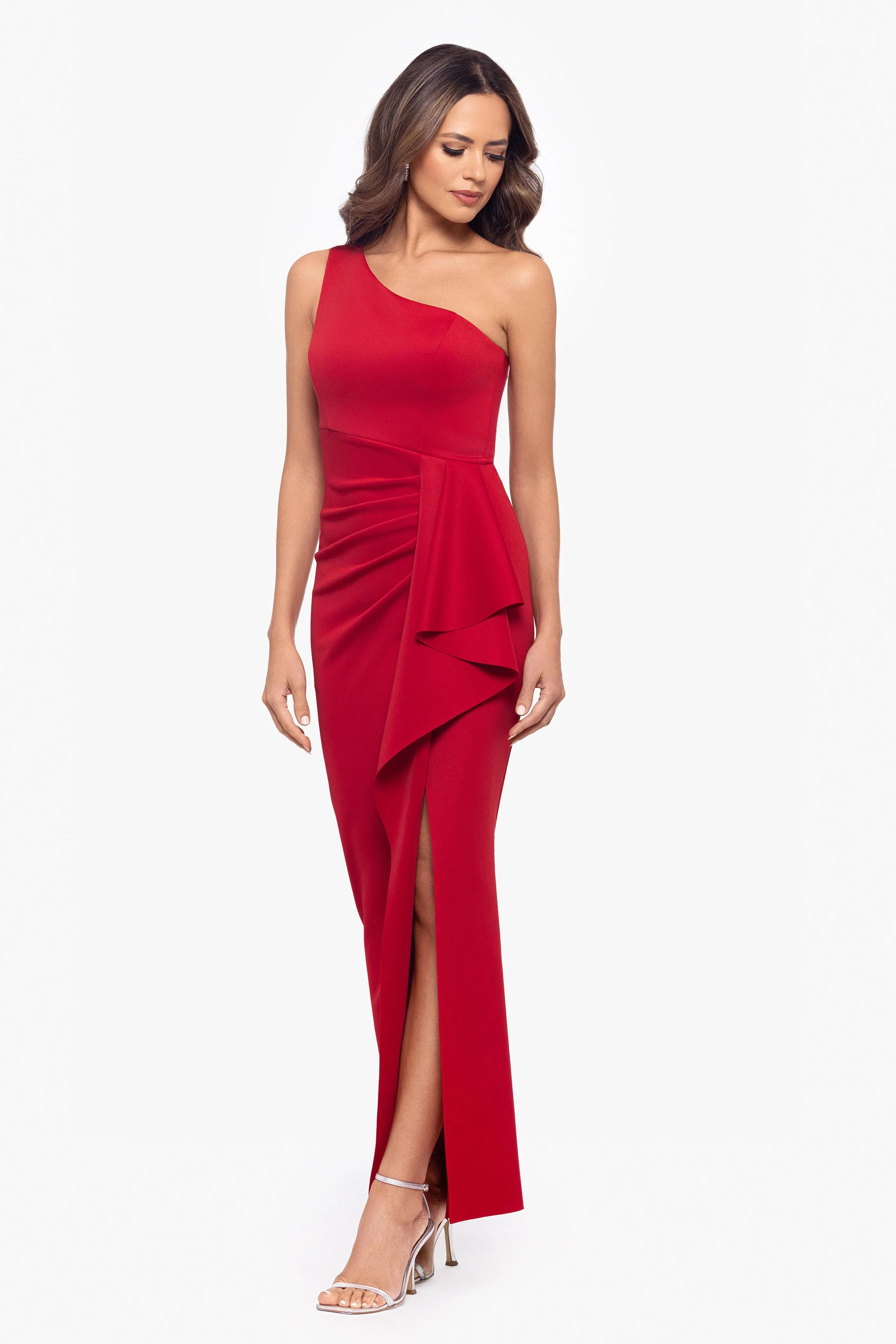 Petite "Tana" Long Scuba One Shoulder Ruffle Floor Length Dress sold by Xscape product image thumbnail 4