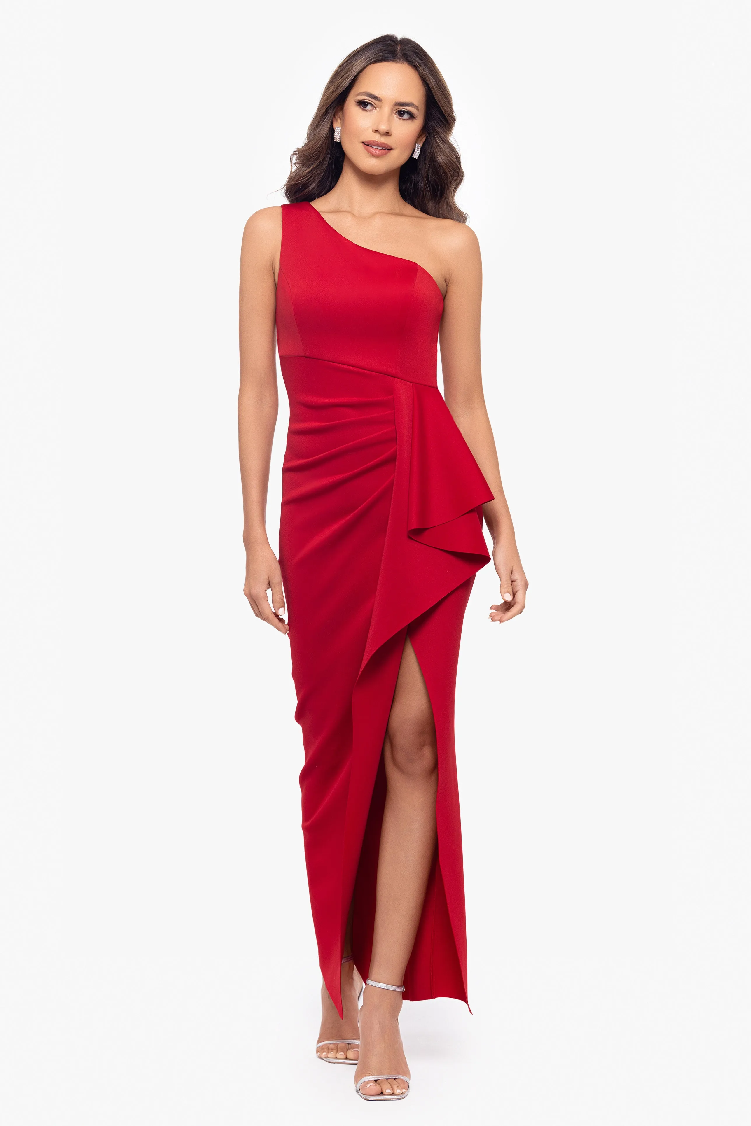 Petite "Tana" Long Scuba One Shoulder Ruffle Floor Length Dress sold by Xscape