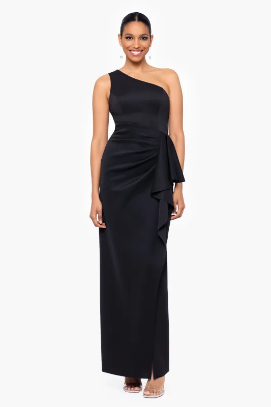 Petite "Tana" Long Scuba One Shoulder Ruffle Floor Length Dress sold by Xscape