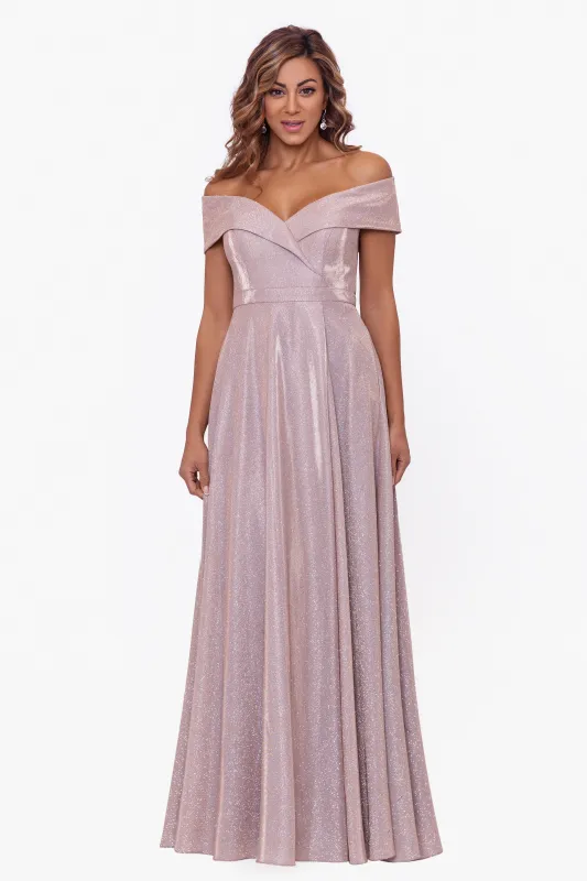 "Willow" Off the Shoulder Glitter Knit Gown sold by Xscape