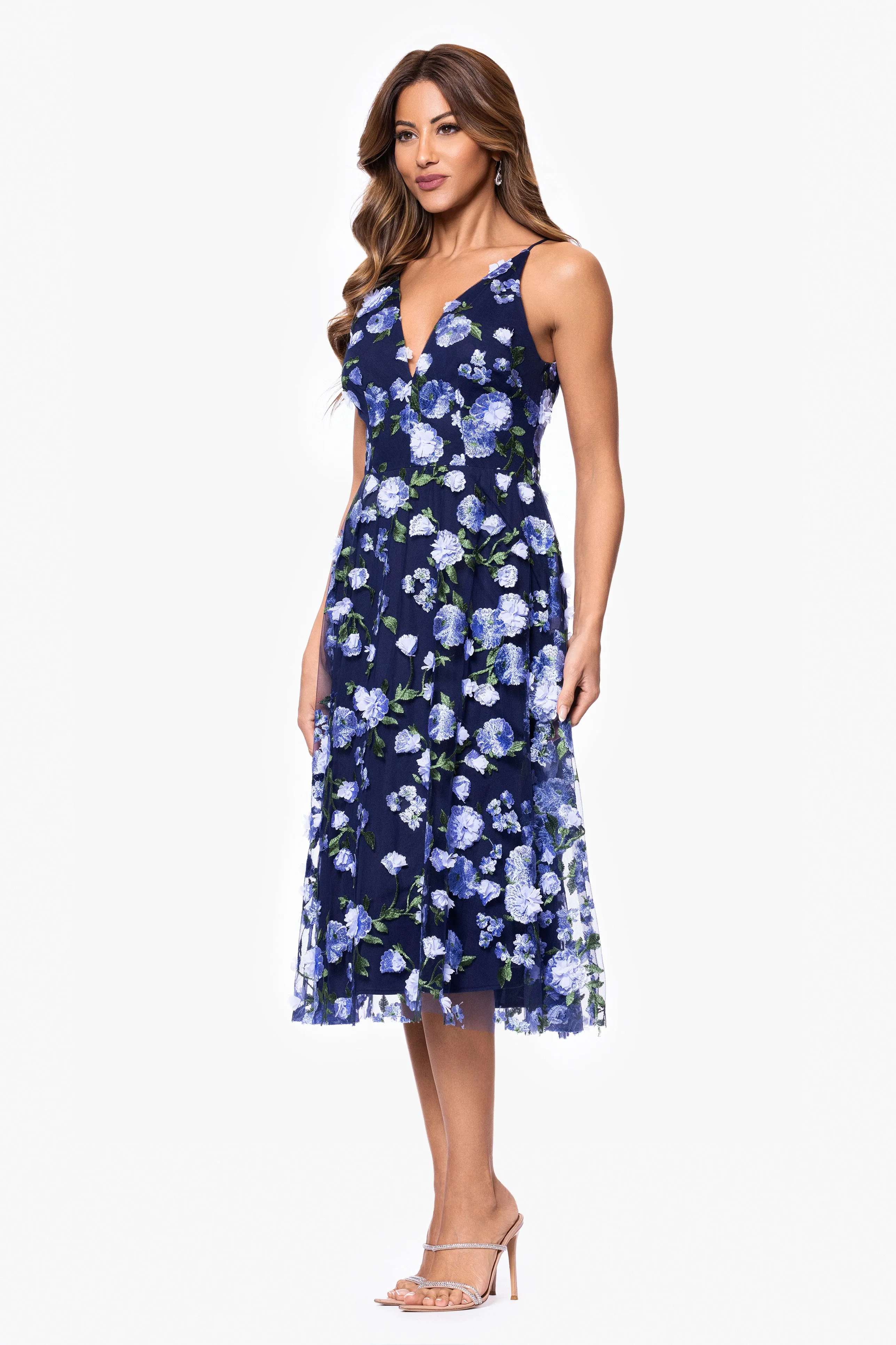 "Trina" 3D Midi Embellished Floral V-Neck Spaghetti Strap Dress sold by Xscape product image thumbnail 4