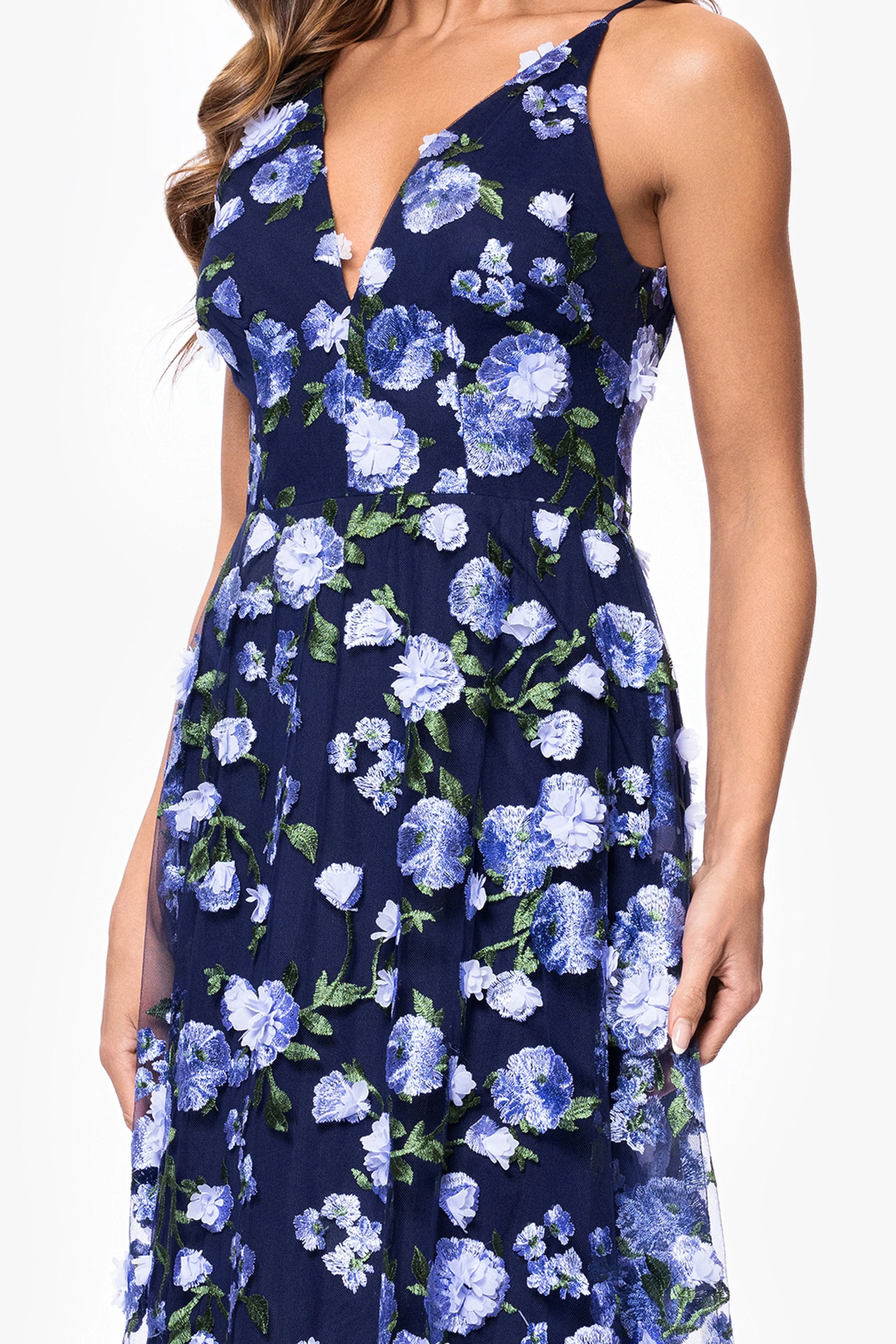 "Trina" 3D Midi Embellished Floral V-Neck Spaghetti Strap Dress sold by Xscape product image thumbnail 2