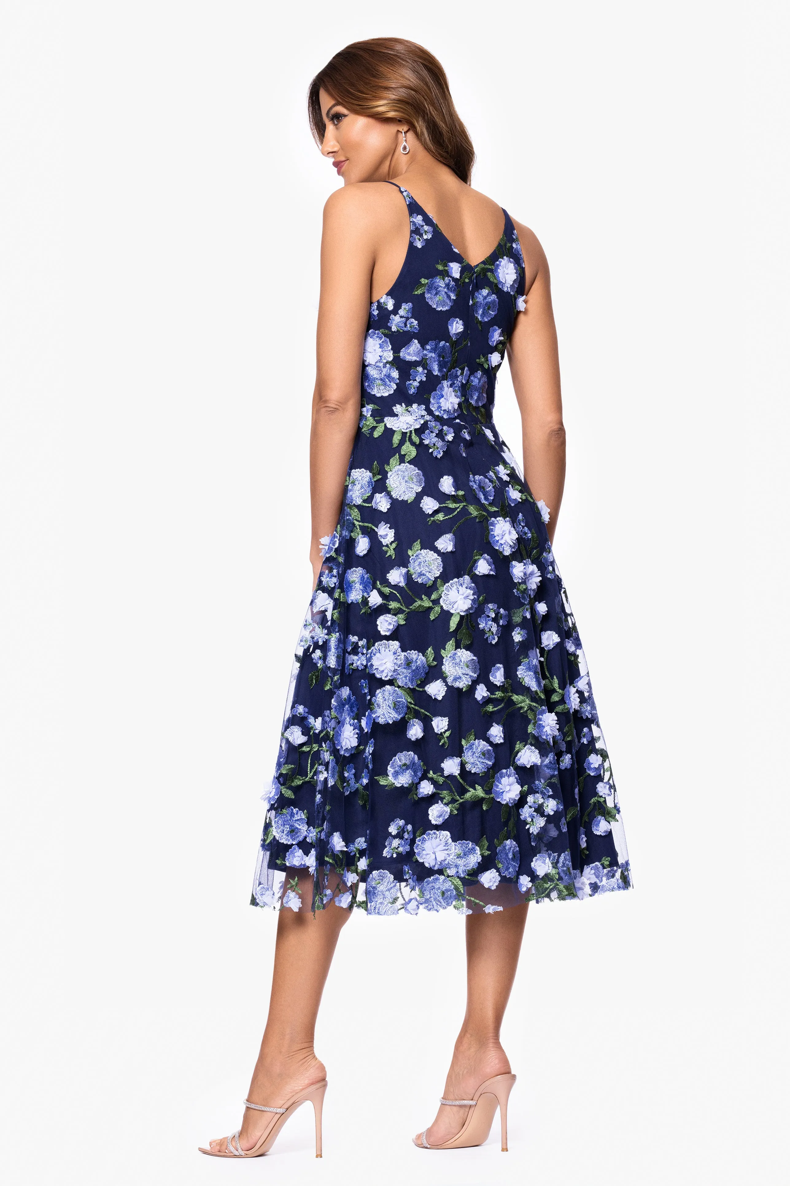 "Trina" 3D Midi Embellished Floral V-Neck Spaghetti Strap Dress sold by Xscape product image thumbnail 3