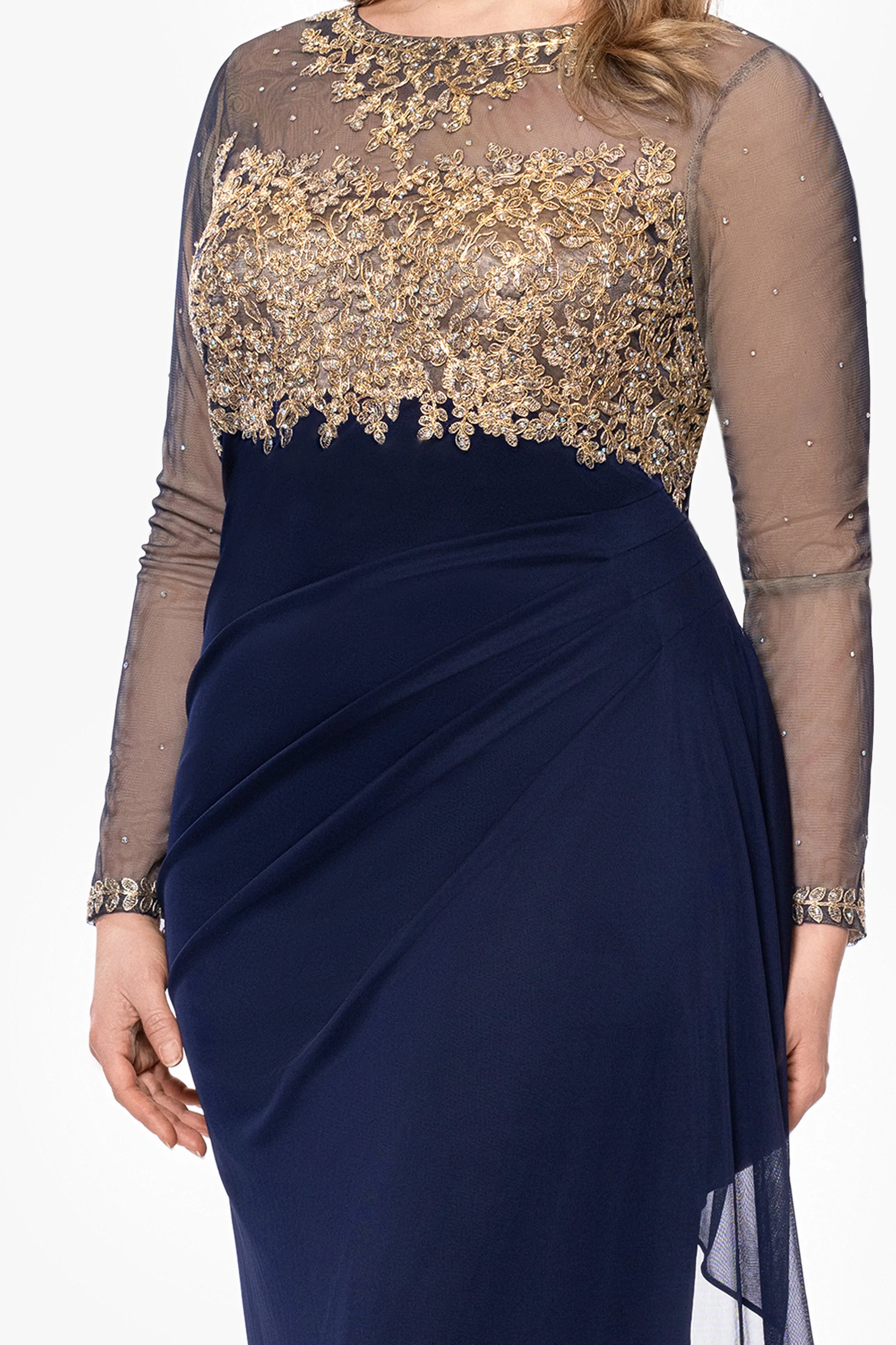 Plus "Noah" Long Sleeve Sheer Matte Jersey Ruched Back Dress sold by Xscape product image thumbnail 2