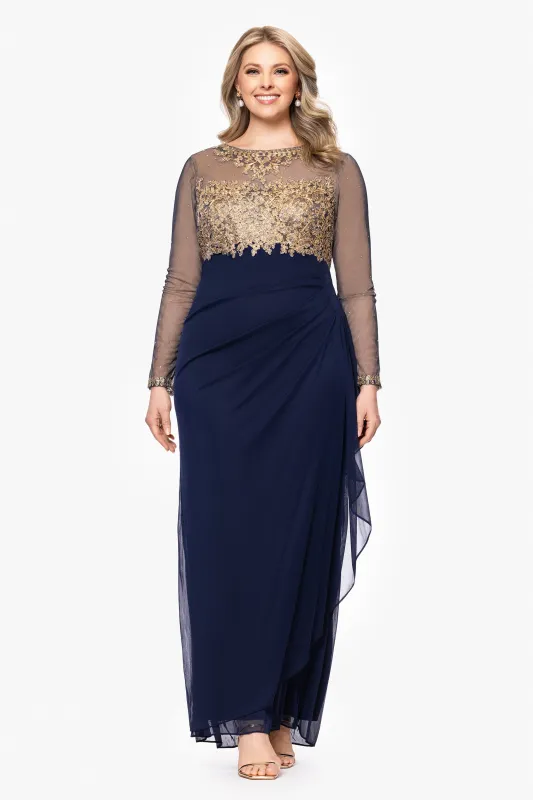 Plus "Noah" Long Sleeve Sheer Matte Jersey Ruched Back Dress sold by Xscape