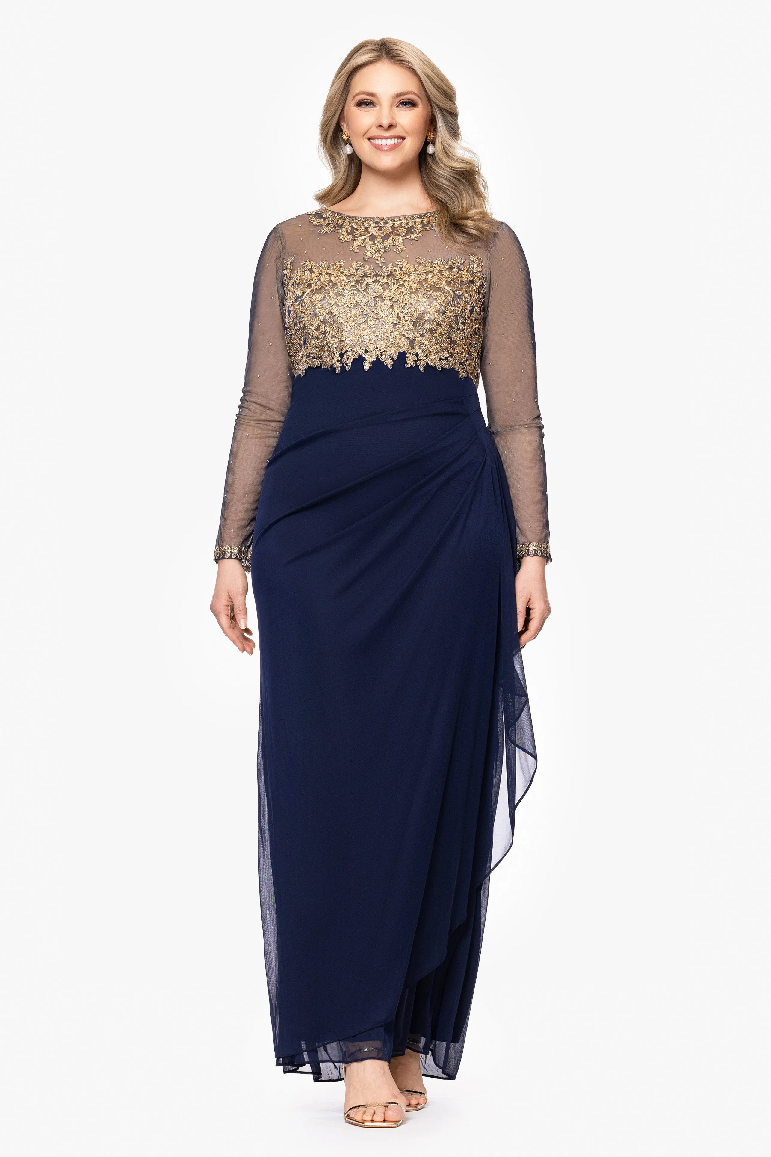 Plus "Noah" Long Sleeve Sheer Matte Jersey Ruched Back Dress sold by Xscape